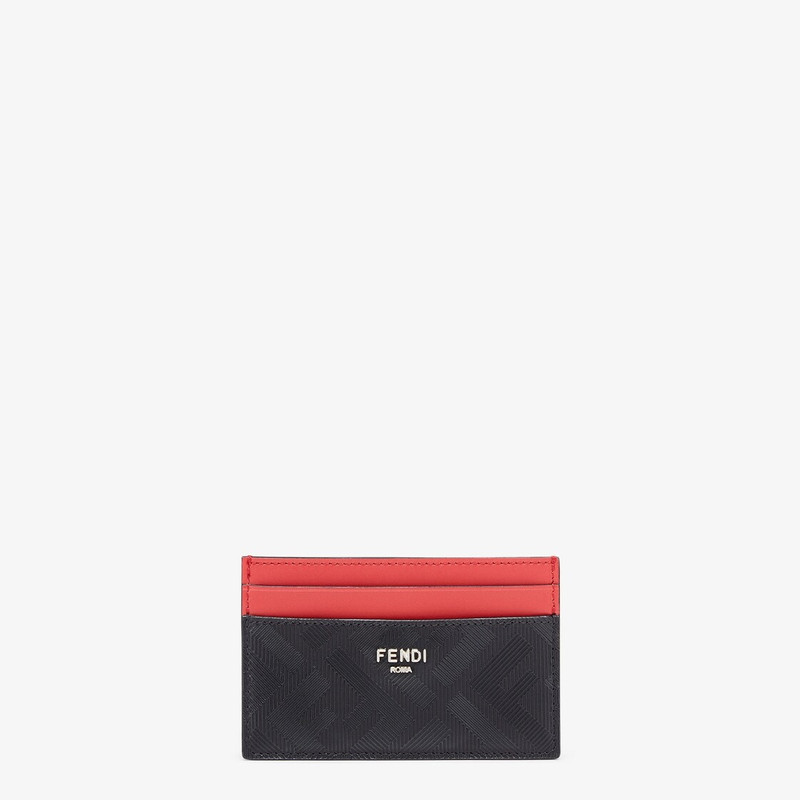 Black leather card holder with embossed FF print and metal FENDI ROMA lettering. Red leather details 1
