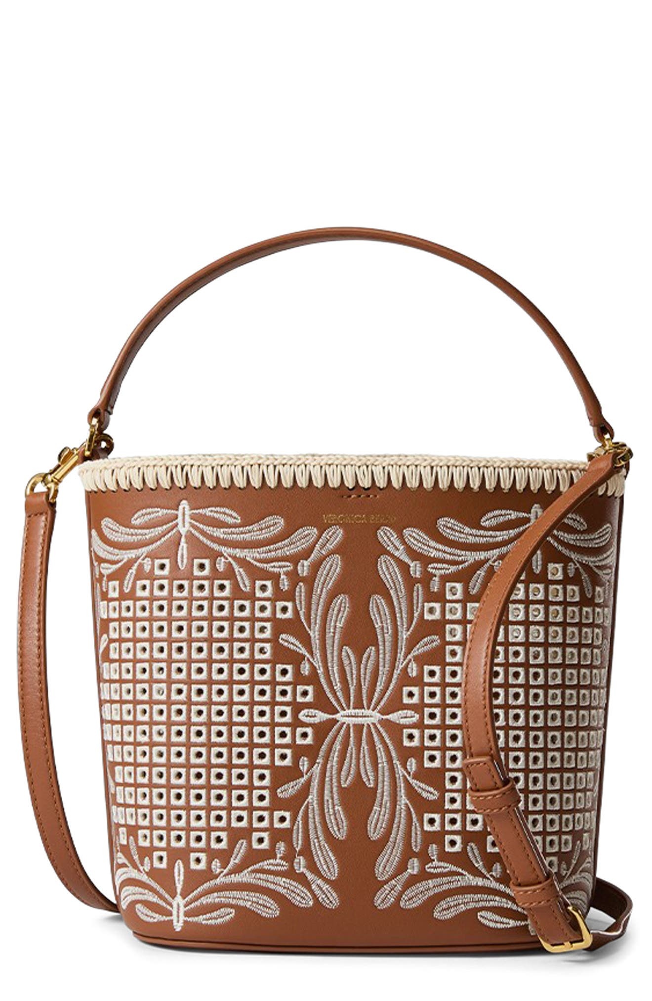 Veronica Beard Small Feed Embroidered Leather Top Handle Bag in Hazelwood /Natural at Nordstrom - 1