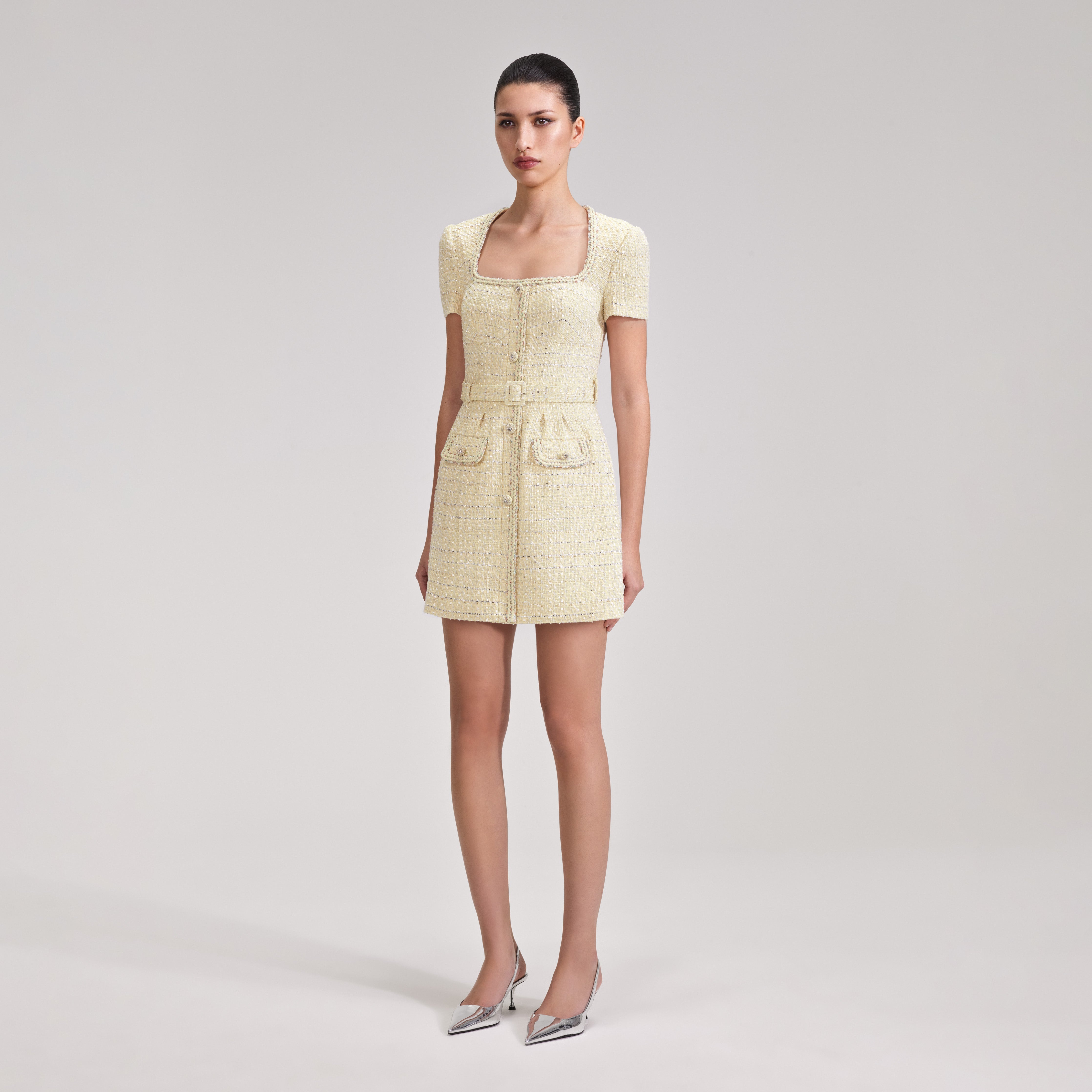 knee length dresses for ladies Lime Boucle Mini Dress – self-portrait-US