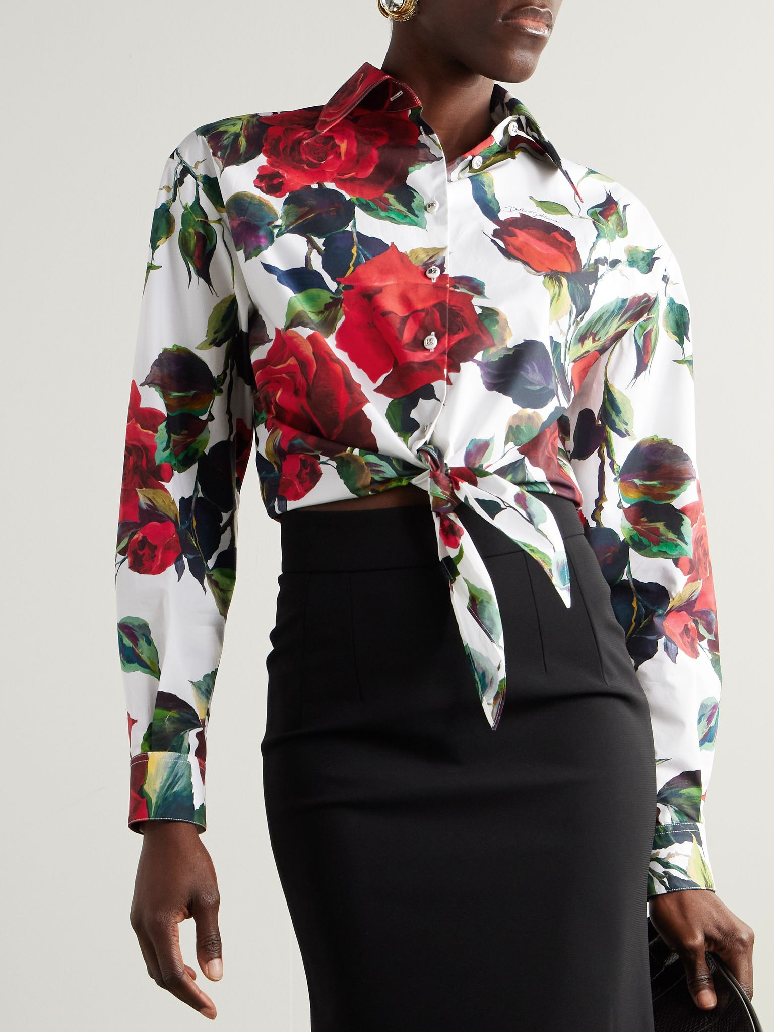Cropped tie-detailed floral-print cotton-poplin shirt Red - 3