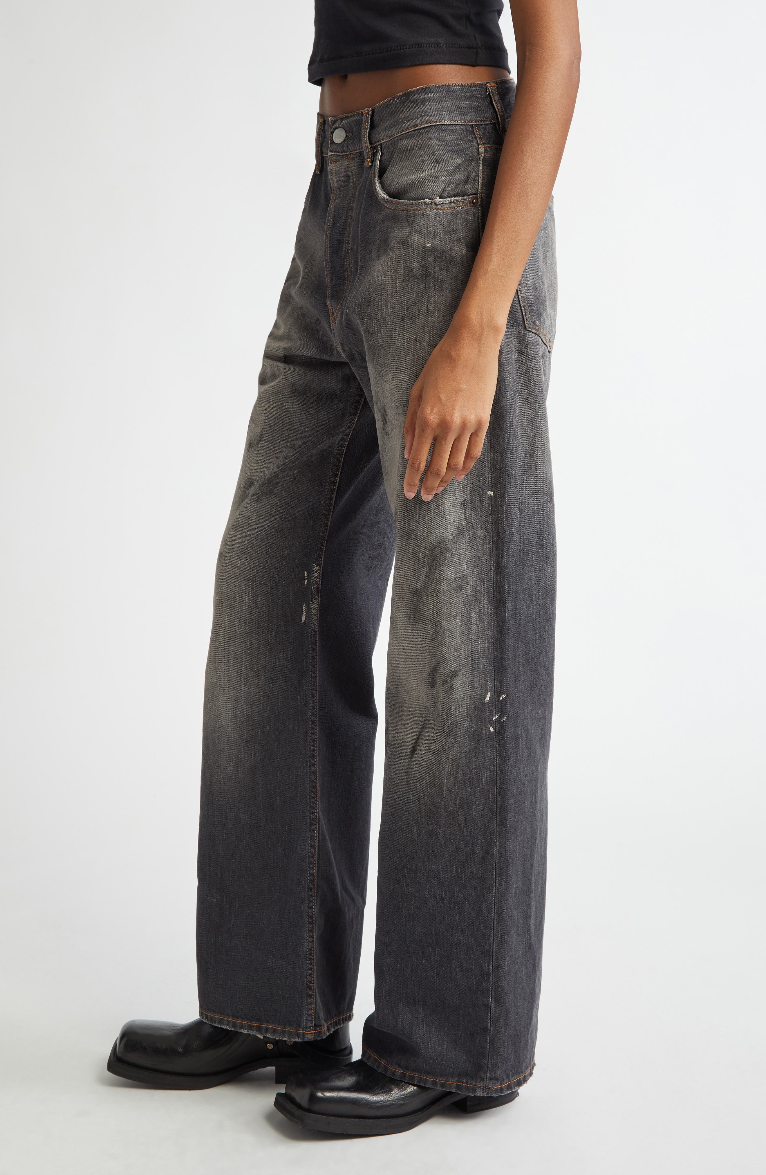 Acne Studios 2021 Black Trafa Paint Splatter Loose Fit Wide Leg Jeans at Nordstrom - 3