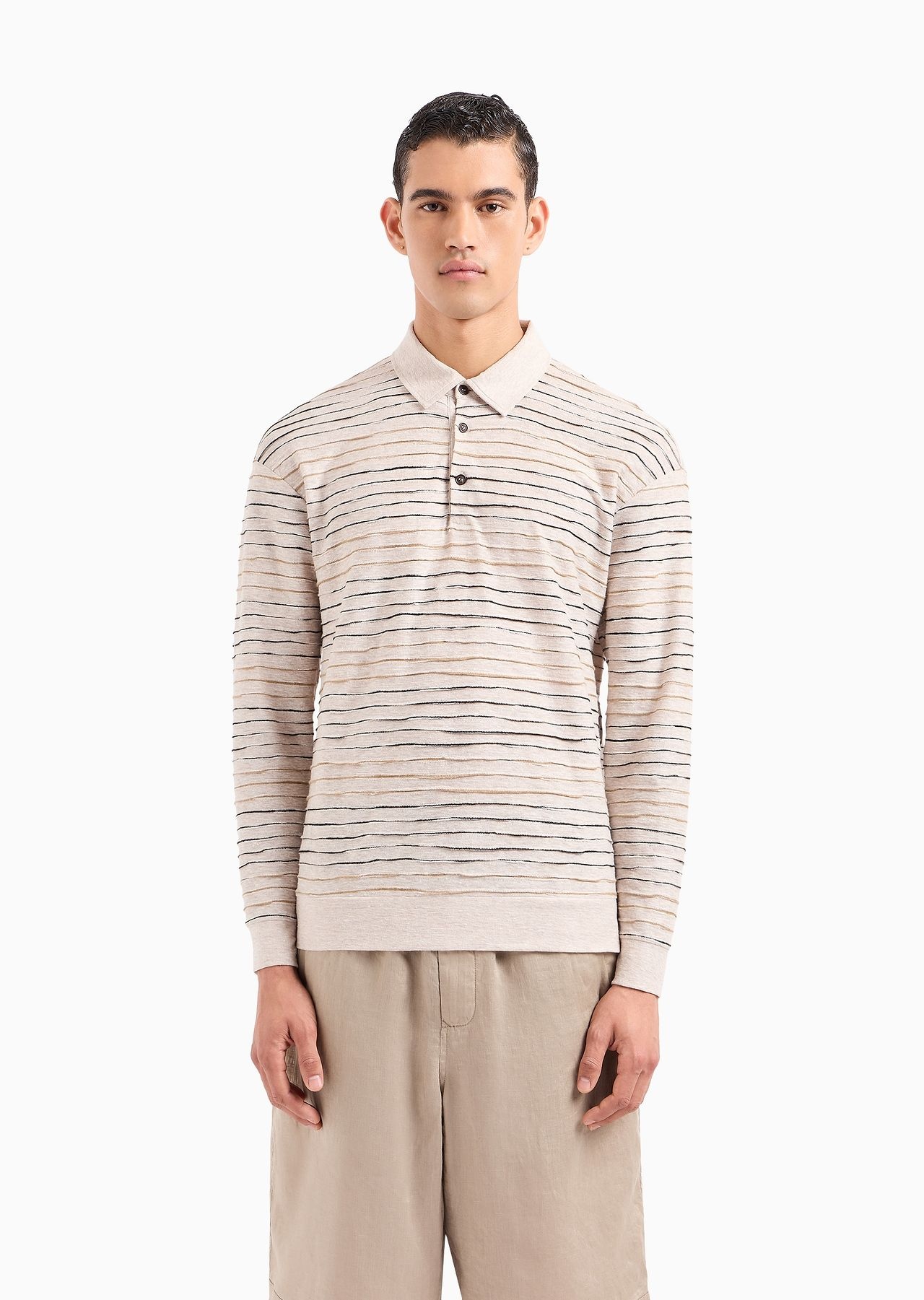 Long-sleeved polo shirt in linen, cotton and viscose jersey jacquard - 2