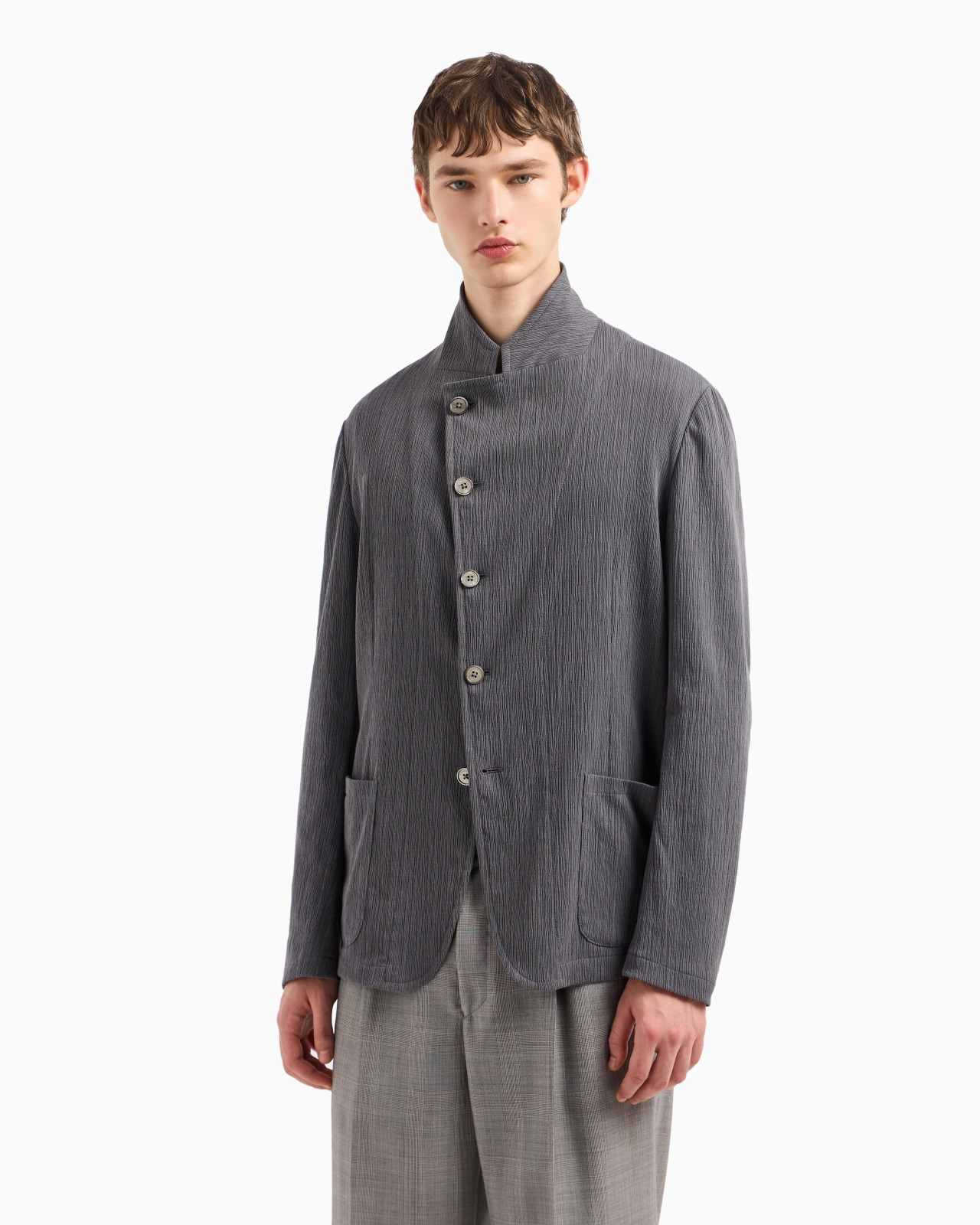 GURU-COLLAR JACKET WITH OFF-CENTRE FASTENING IN BARK-EFFECT ARMURE FABRIC - 4