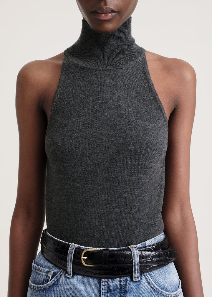 Ribbed neck wool top dark grey mélange - 5
