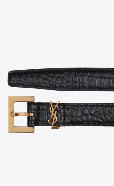 SAINT LAURENT narrow monogram belt with square buckle in crocodile embossed leather outlook
