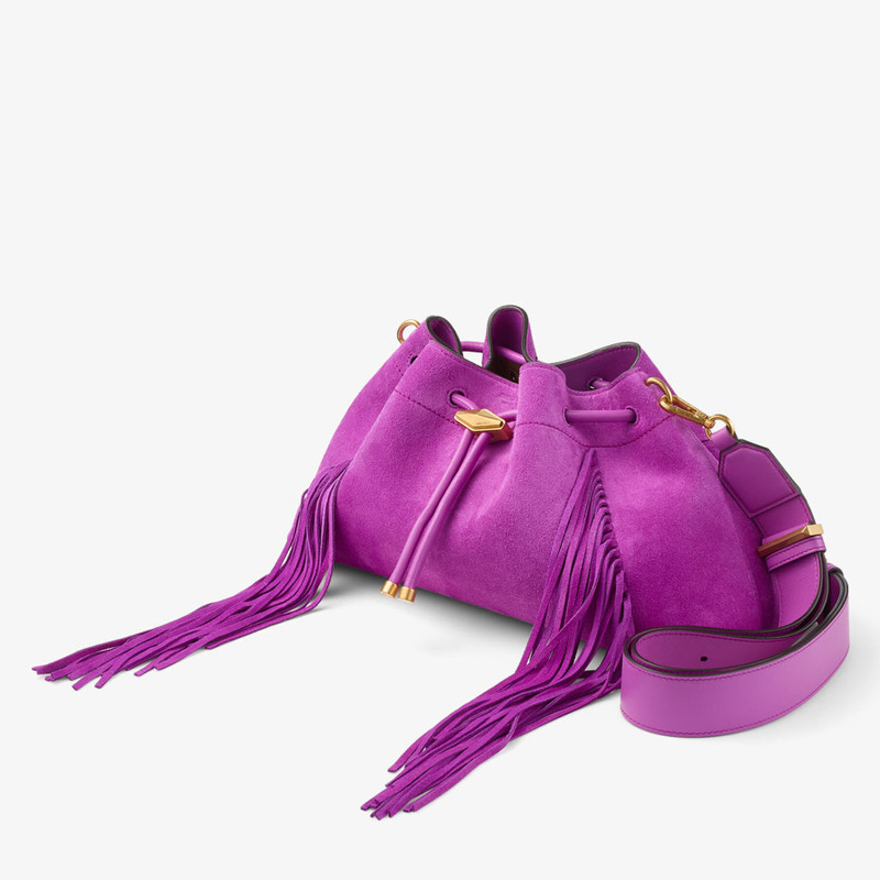 JIMMY CHOO Cinch Medium
Violet Orchid Suede Bucket Bag with Fringes outlook