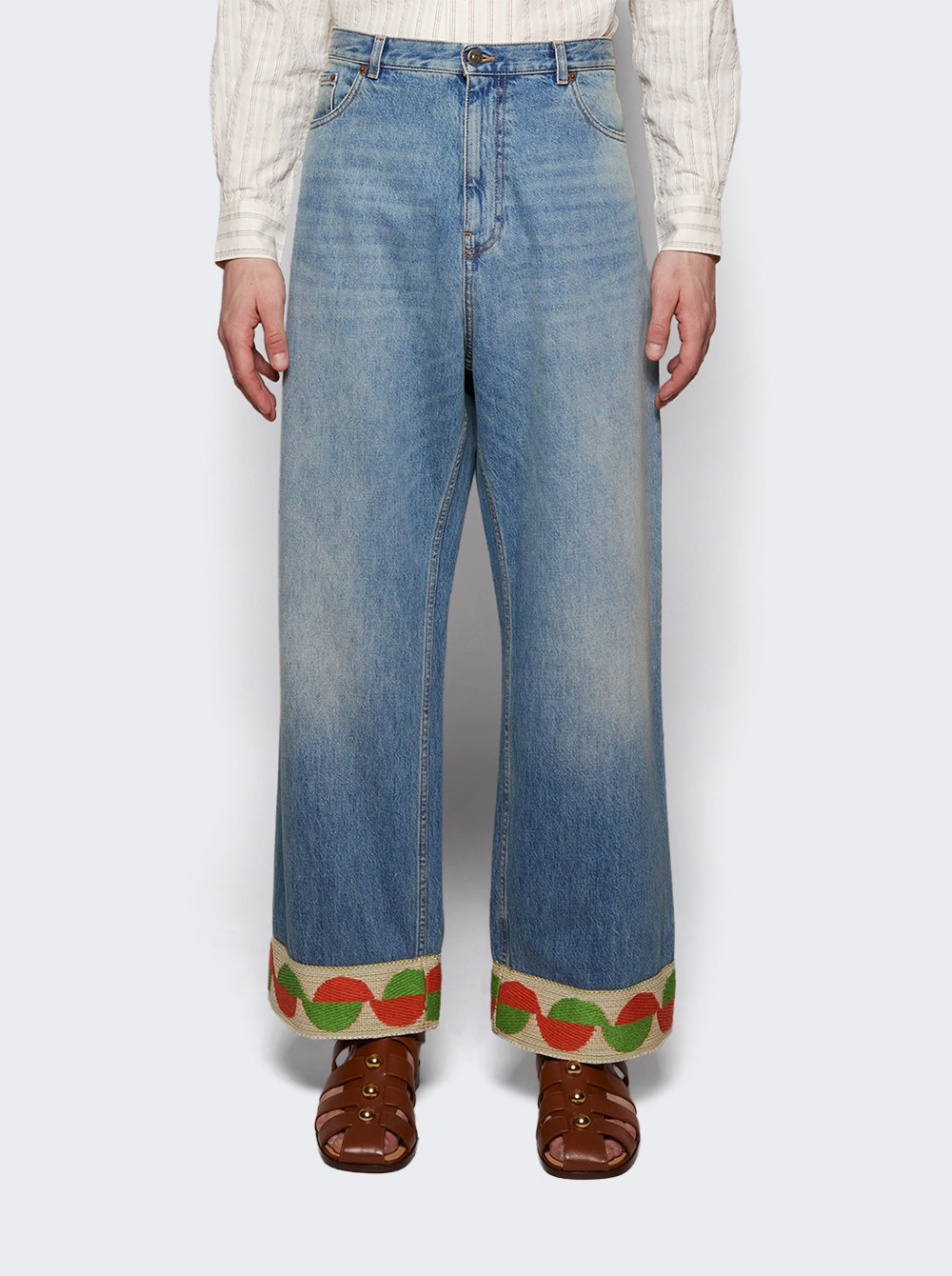Denim Pants With Jacquard Hem Medium Blue - 3