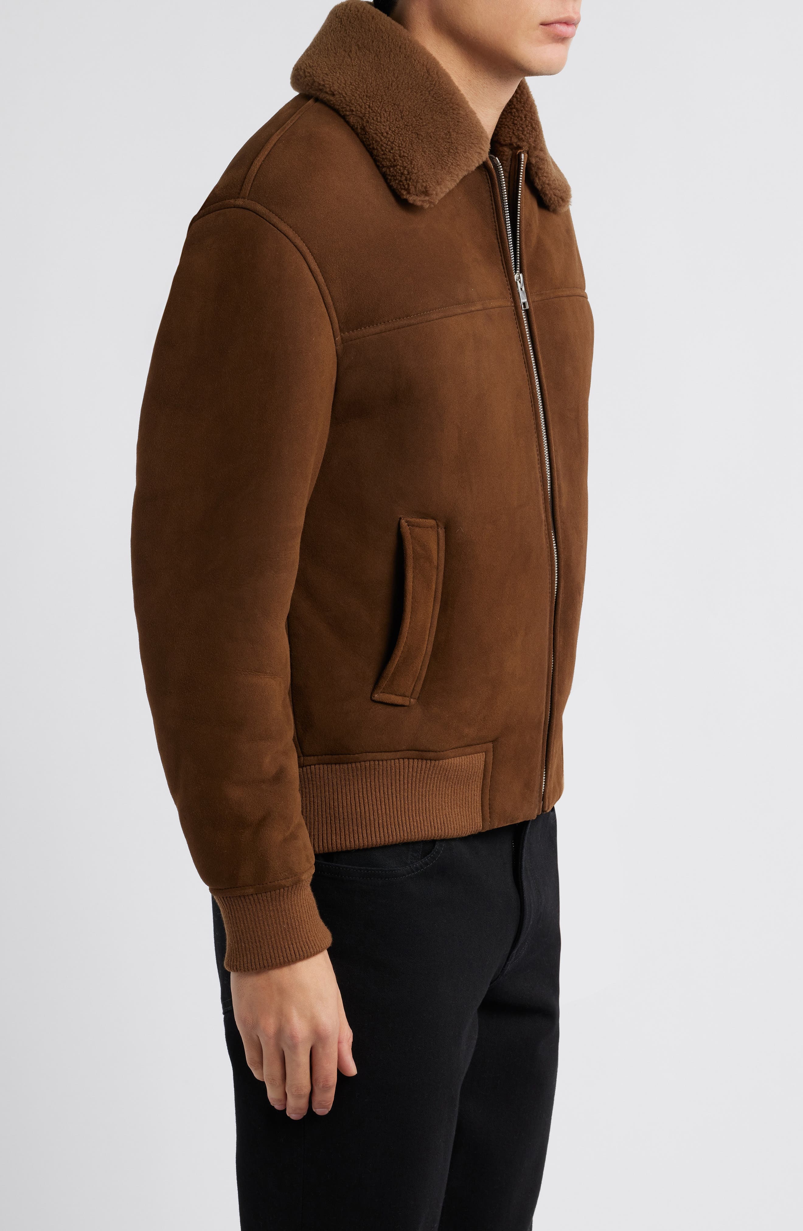 FRAME Suede & Genuine Shearling Bomber Jacket in Dark Camel at Nordstrom - 3