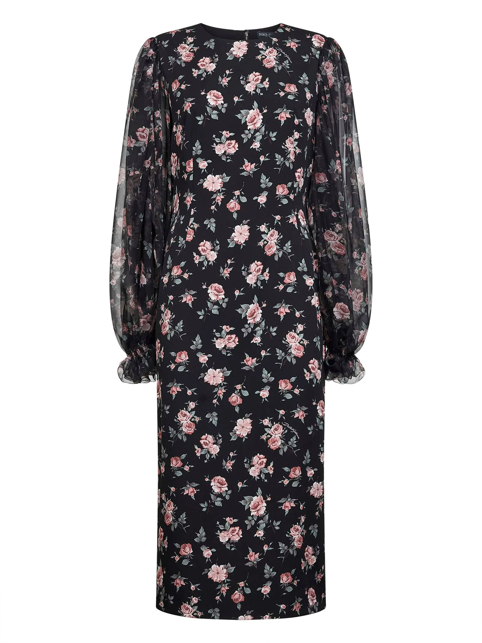Dolce & Gabbana Women Black Vintage Rose Printed Charmeuse Midi Dress - 1