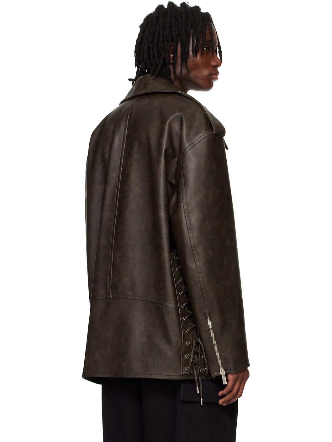 Brown Knotted Faux Leather Jacket - 3