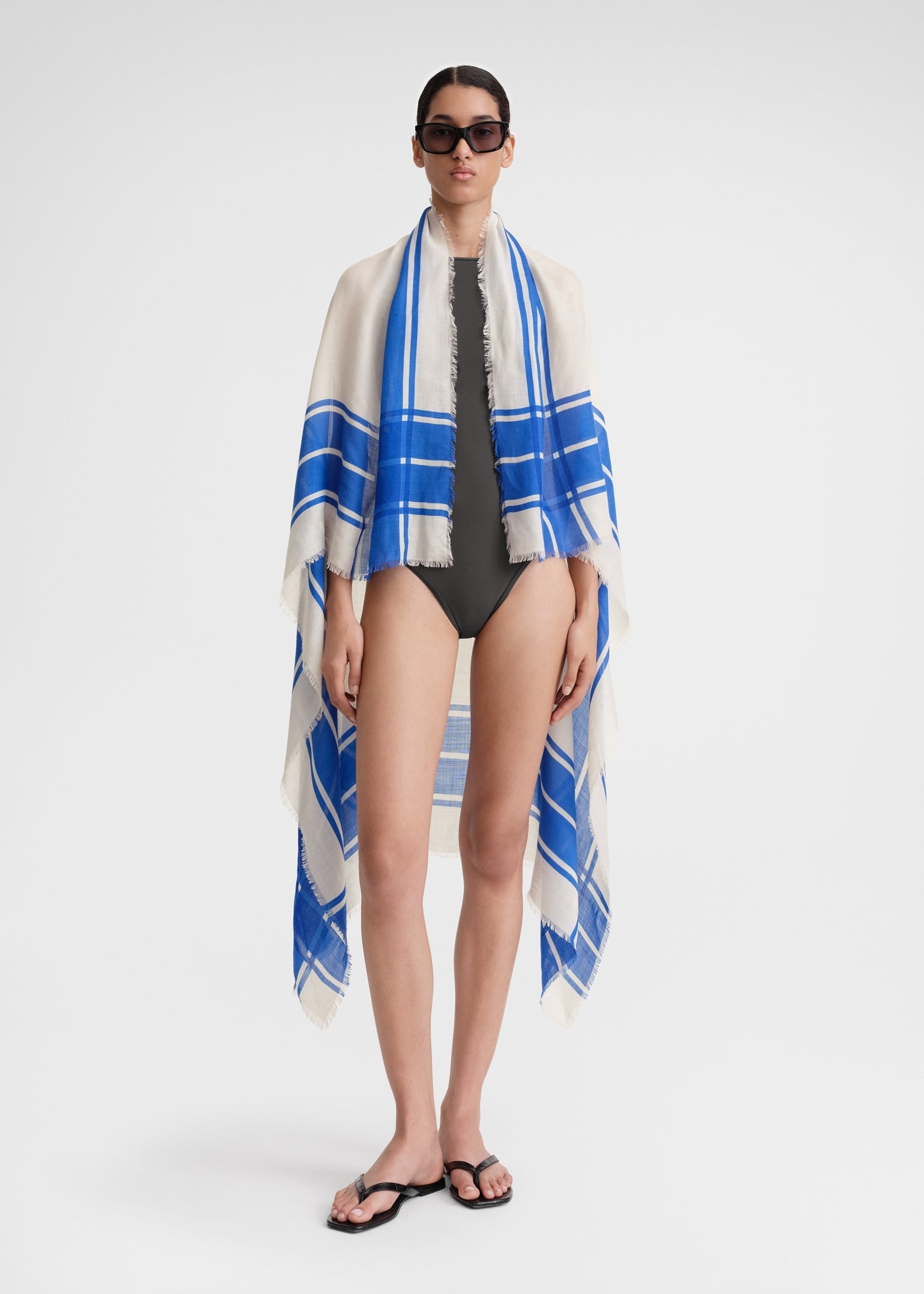 Wool silk blanket scarf blue/ecru - 5
