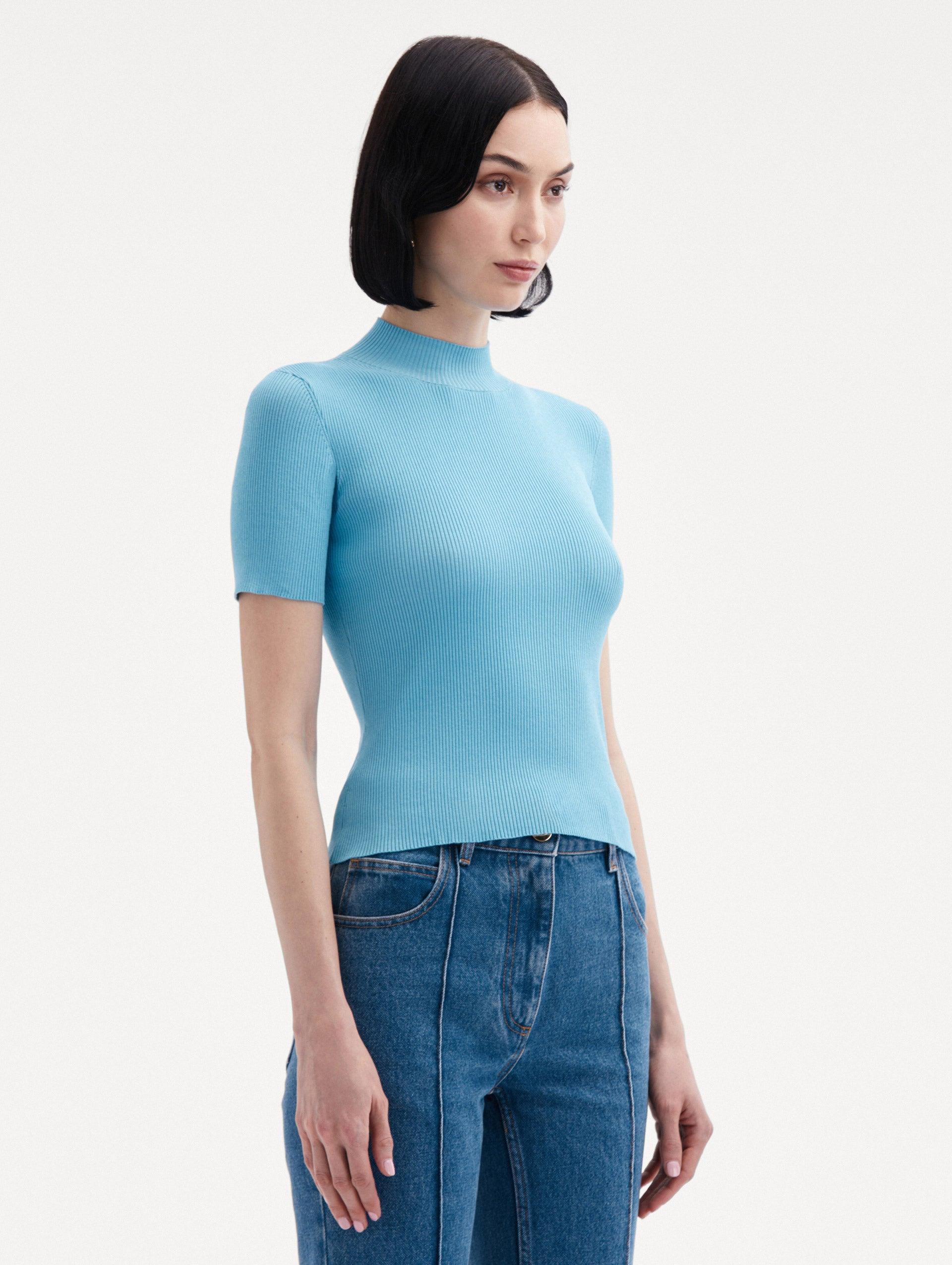SHORT SLEEVE MOCK NECK RIBBED PULLOVER - 5