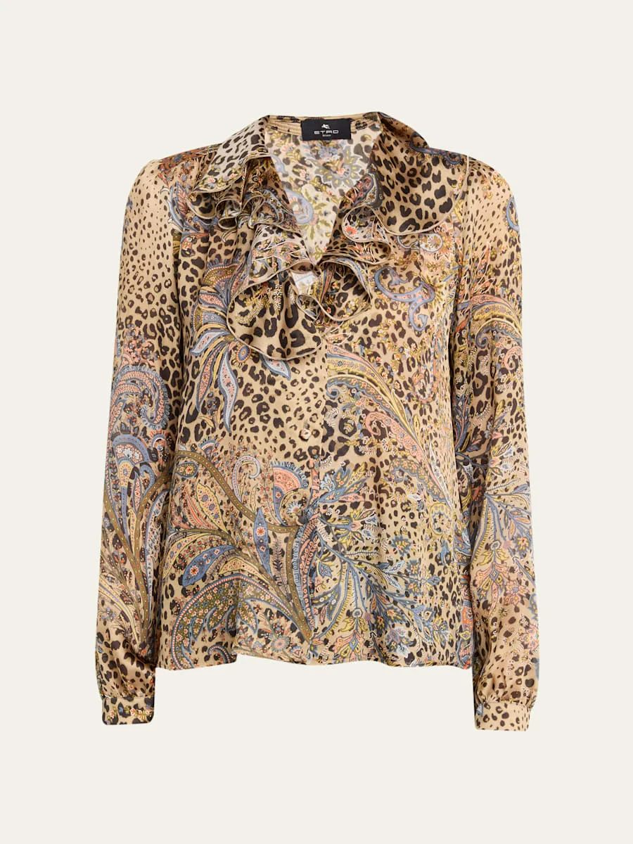 Leopard Paisley-Print Silk Ruffle Blouse - 1