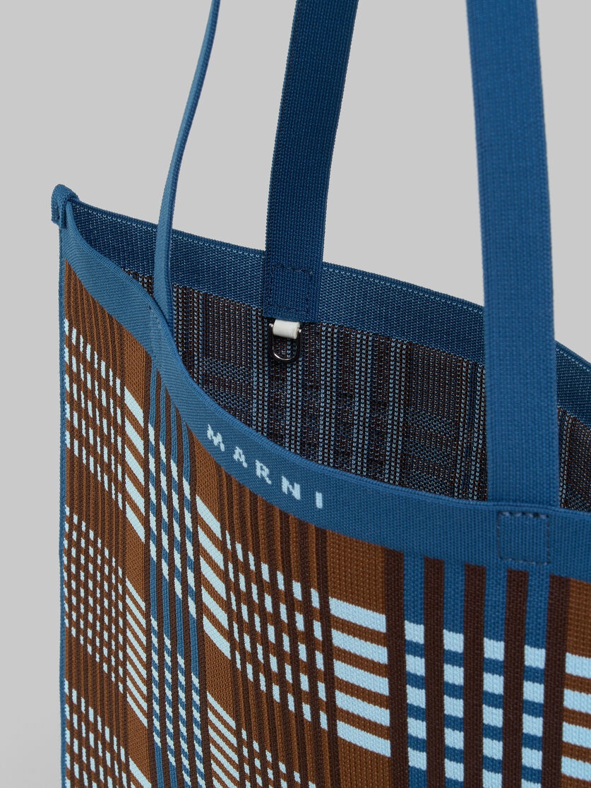 BLUE AND BROWN JACQUARD CHECK FLAT TOTE BAG - 4