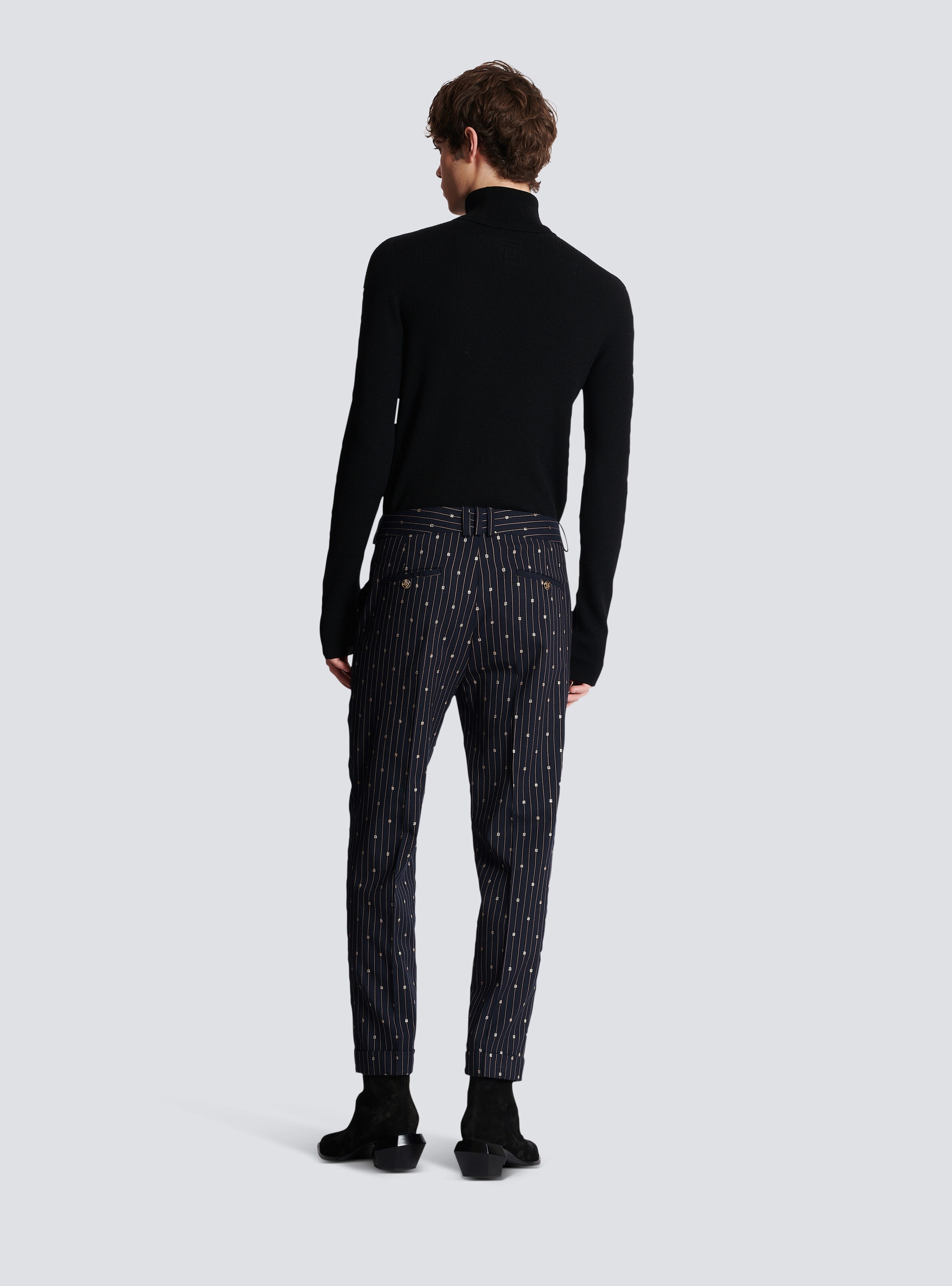 Monogrammed wool trousers with creases and thin stripes - 4