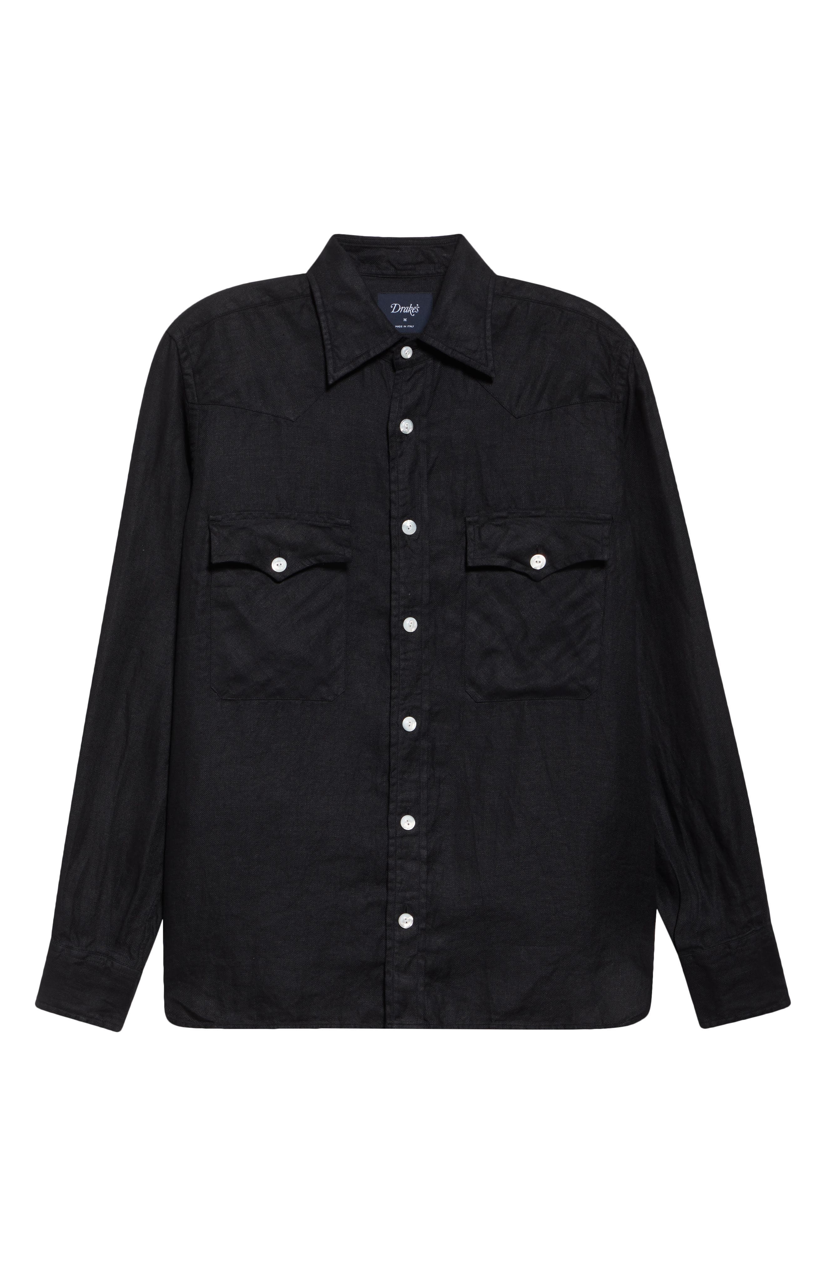 Drake's Linen Twill Western Shirt in 100 Black at Nordstrom - 5