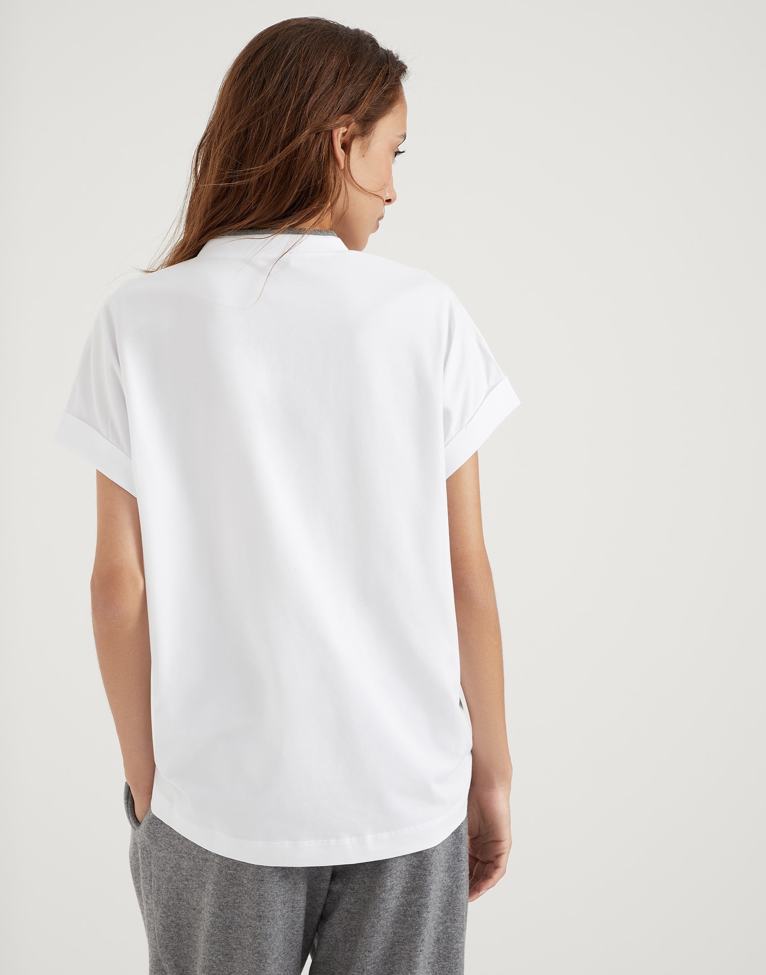Stretch cotton jersey T-shirt with precious neckline - 2