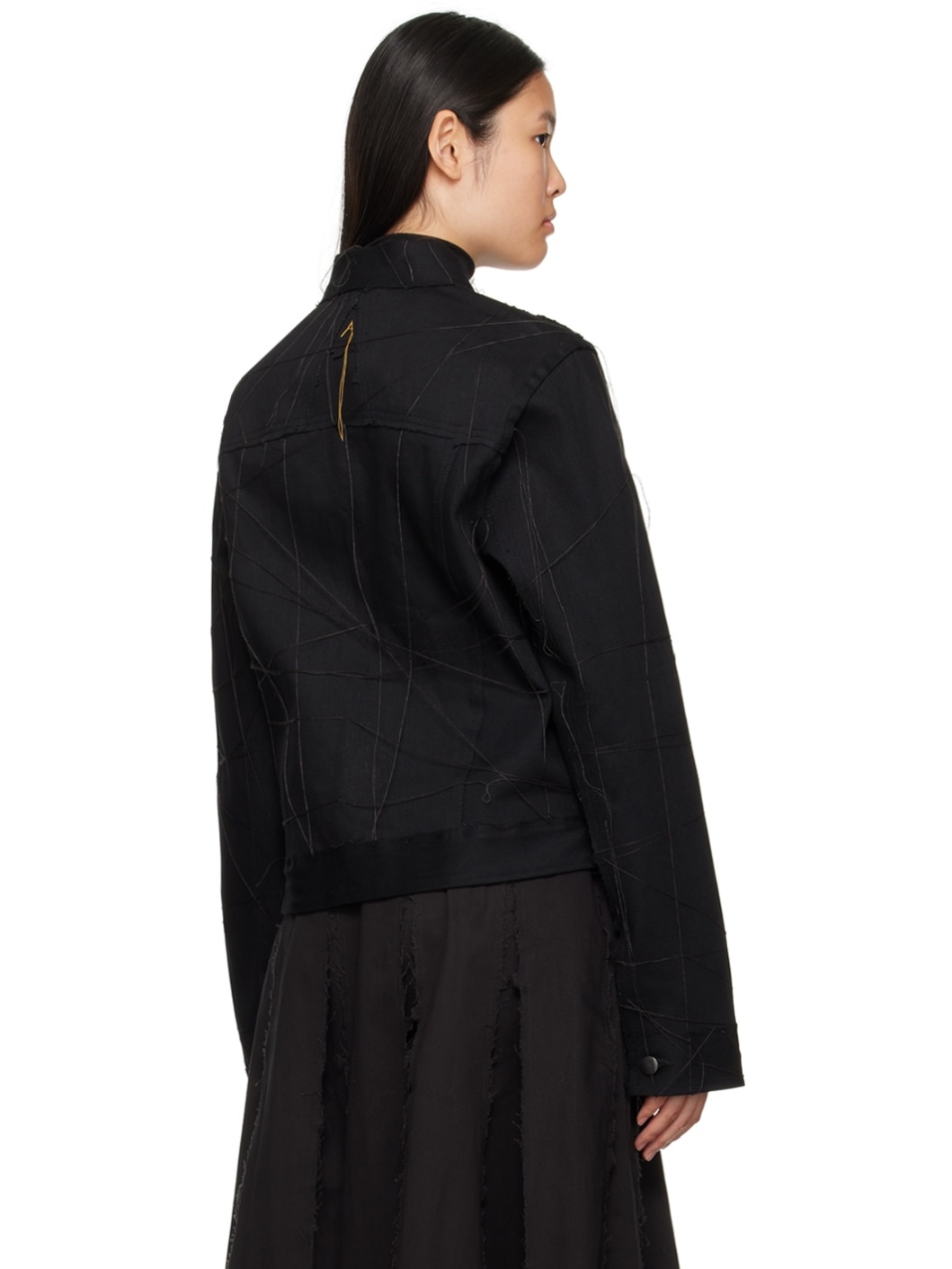 Black Stitched Denim Jacket - 3