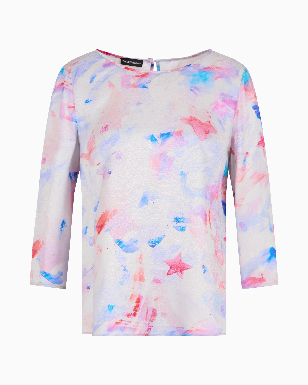Blouse with three-quarter sleeves in satin crêpe with a watercolour-effect fancy print - 1