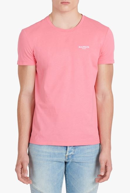 Taupe eco-designed cotton T-shirt with small flocked white Balmain Paris logo - 5