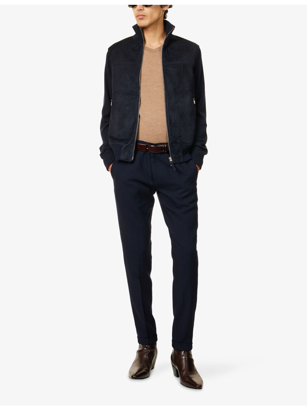 Zip-Through Hybrid Suede and Wool Knit Cardigan - 2