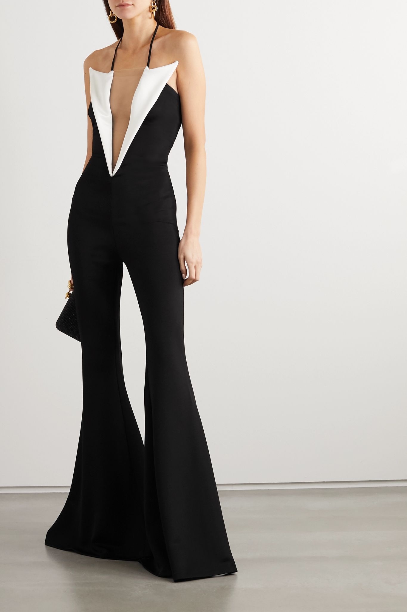 Two-tone tulle-trimmed ponte halterneck jumpsuit - 2