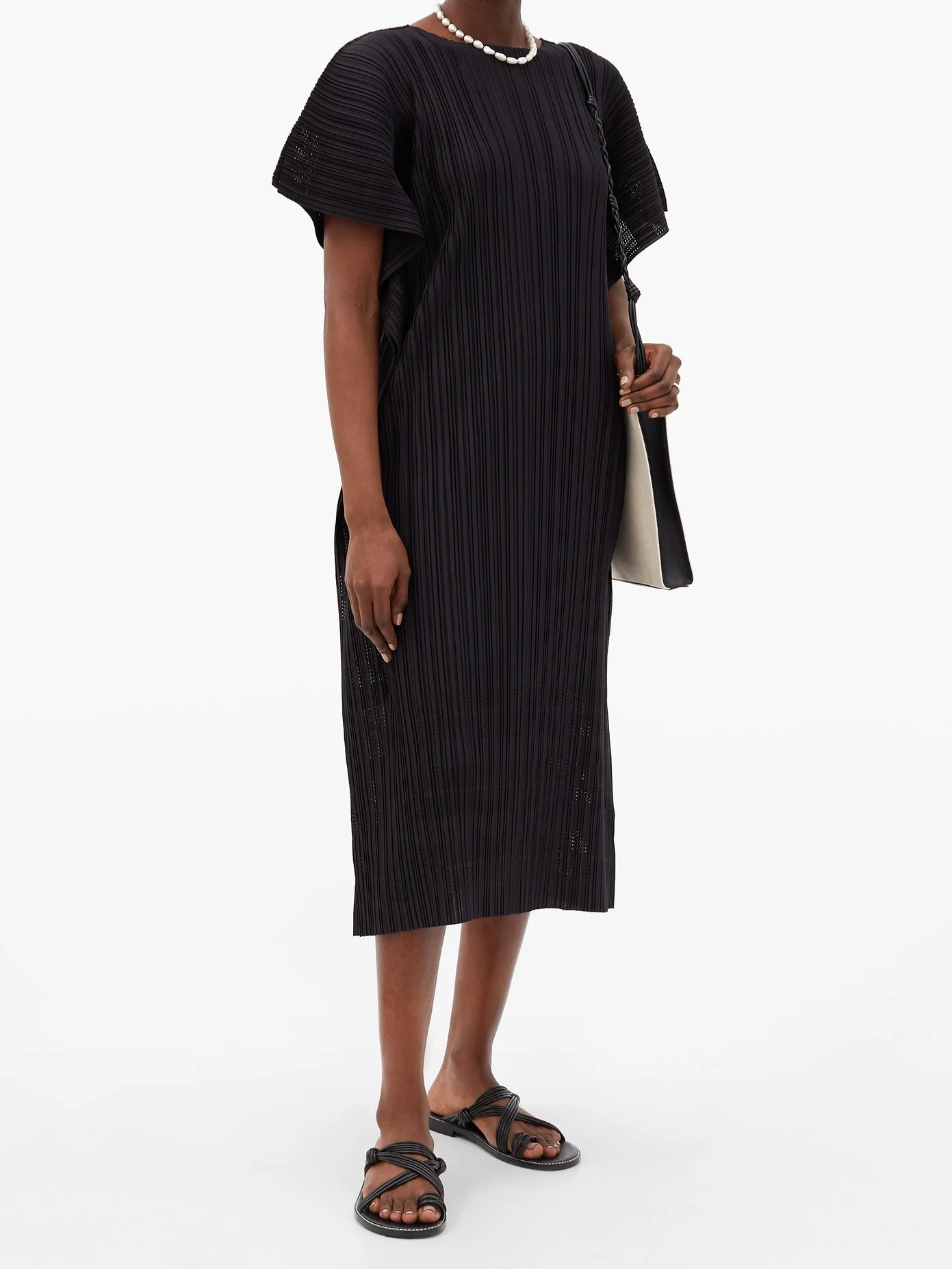 Wide-sleeve technical-pleated pointelle dress - 2