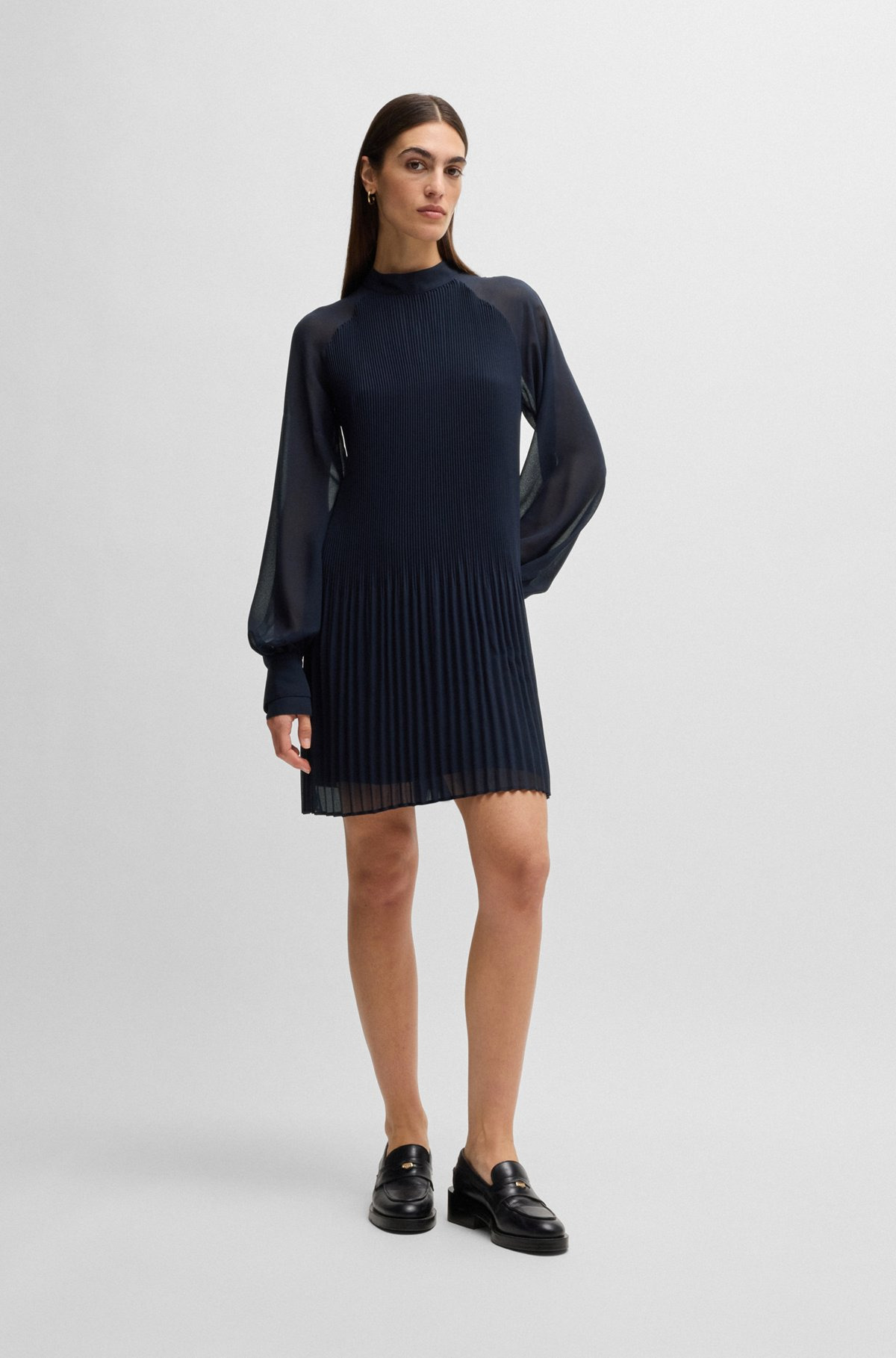 HIGH-NECK DRESS WITH PLISSÉ PLEATS AND SHEER SLEEVES - 3