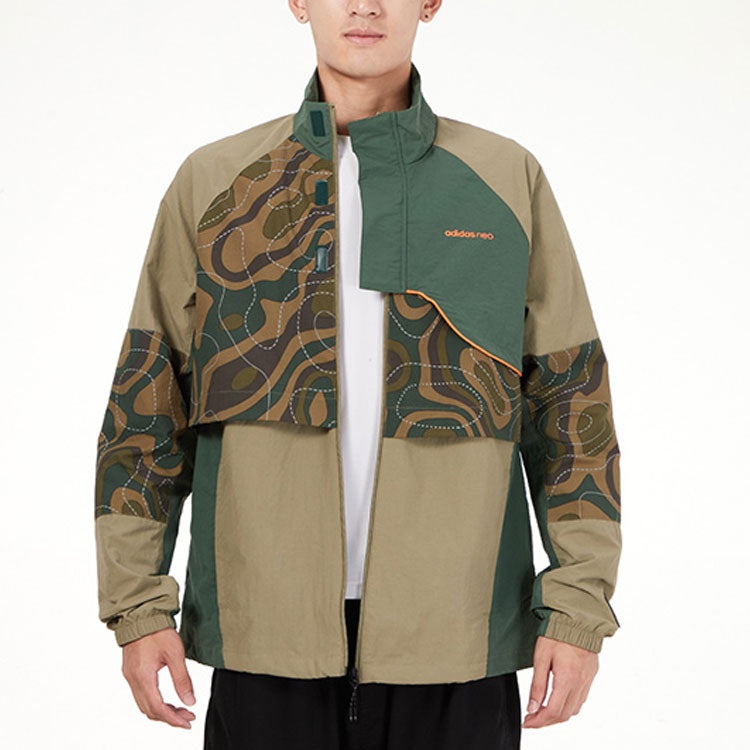 Men's adidas neo Cg Jk2 Contrast Color Stitching Sports Stand Collar Logo Jacket Military Green HE79 - 3