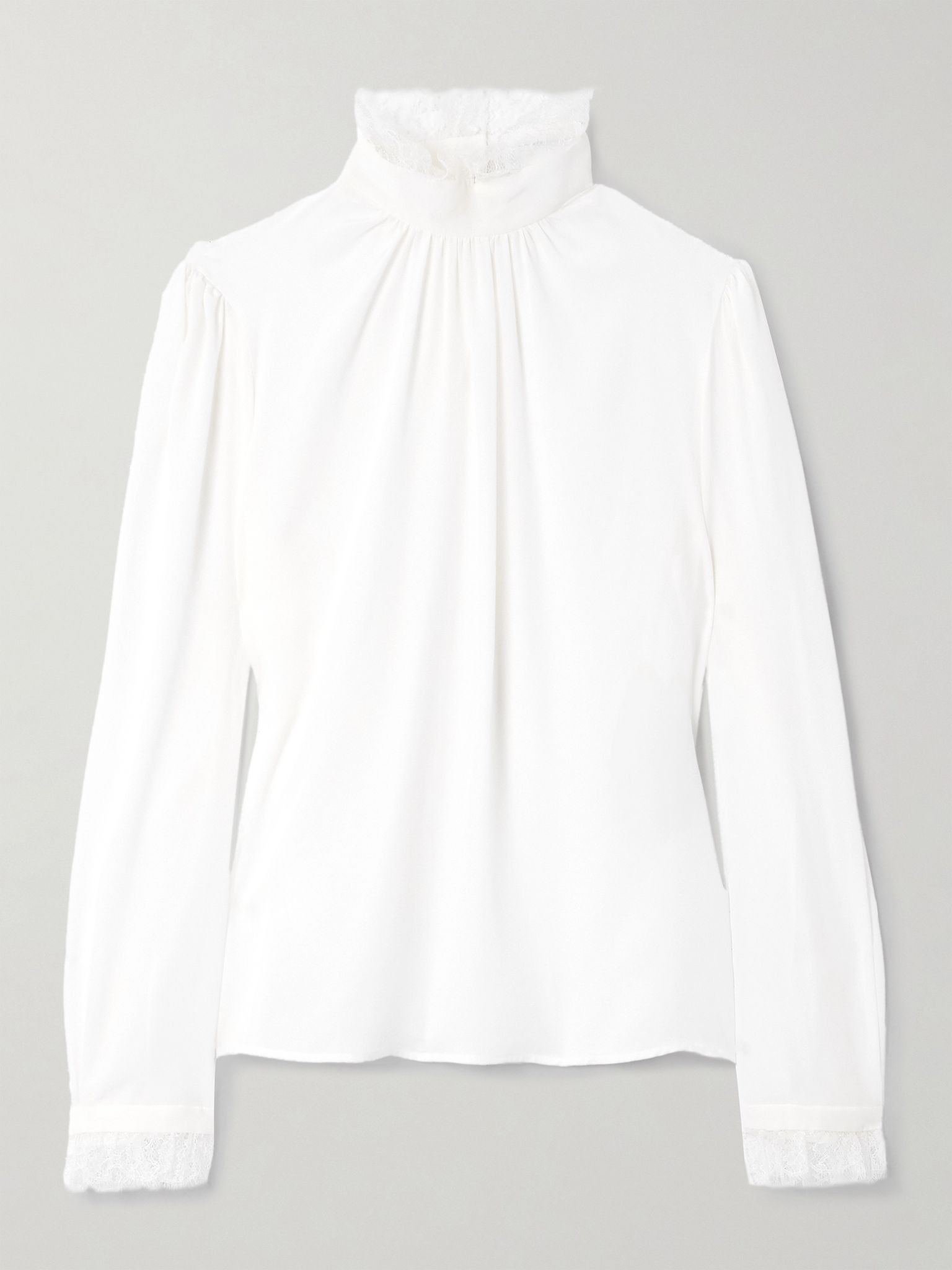 Ruffled lace-trimmed silk crepe de chine blouse Ivory - 1