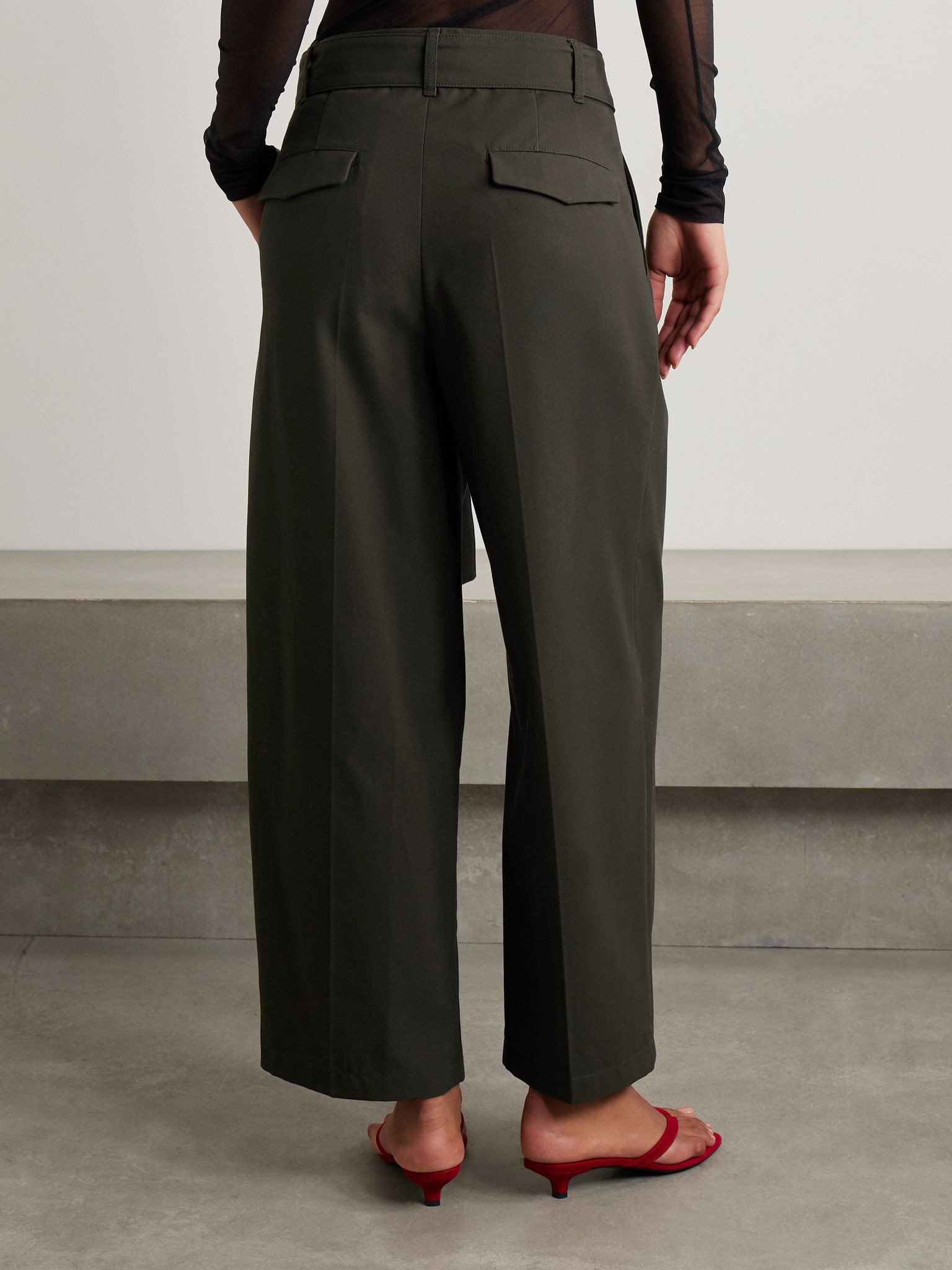 Belted pleated organic cotton-twill pants Dark green - 4