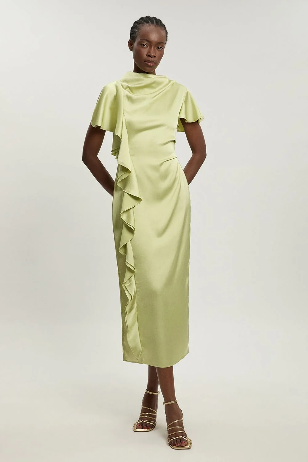 Petite Textured Satin Ruffle Detail Midi Dress - 1
