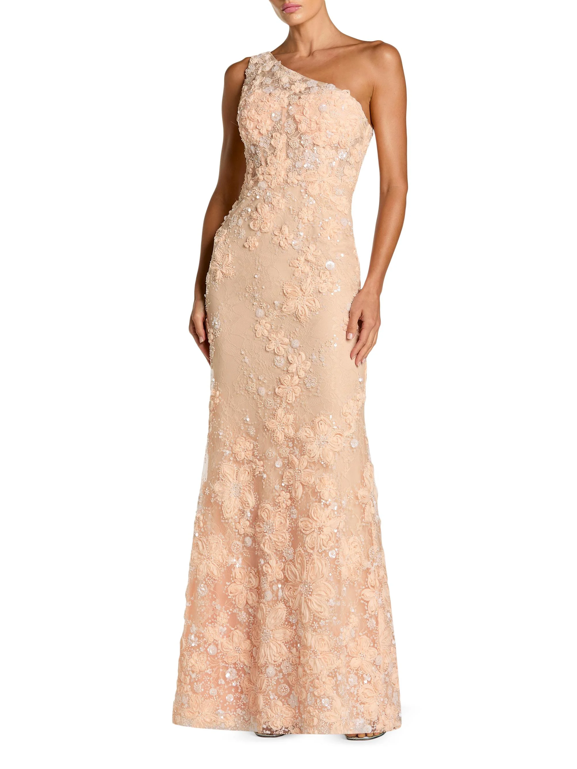 Women's Floral Embroidered One-Shoulder Column Gown - Peach - 1