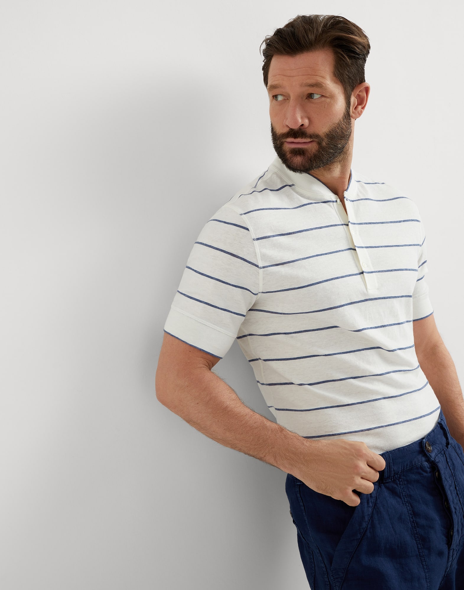 Linen and cotton striped jersey Henley collar T-shirt - 4