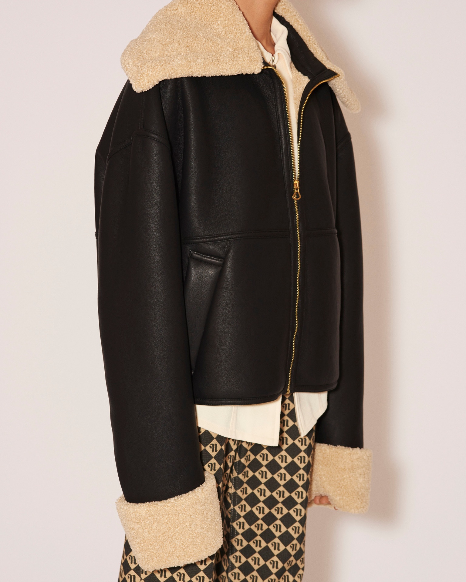 NAEL - Bonded shearling contrast collar aviator jacket - Black&Beige - 6