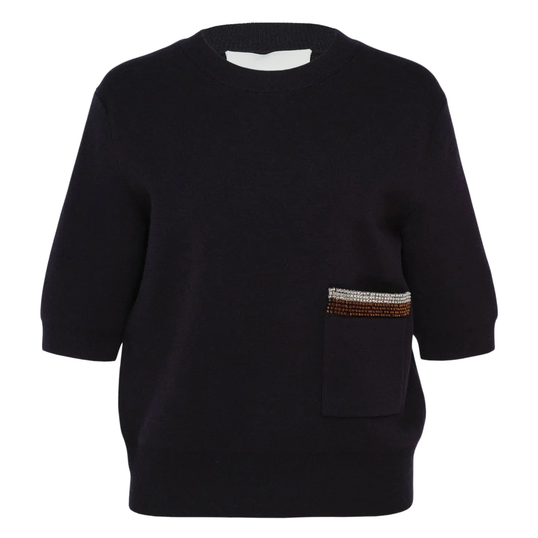 3/4 Sleeve Beaded Pocket Knit Top - 1