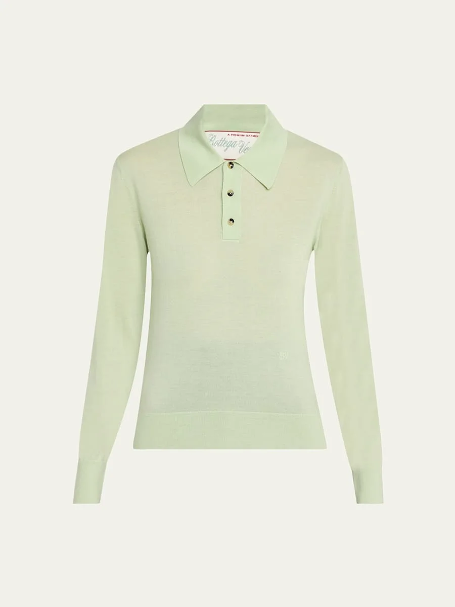 Long-Sleeve Fine Cashmere Polo Sweater - 1