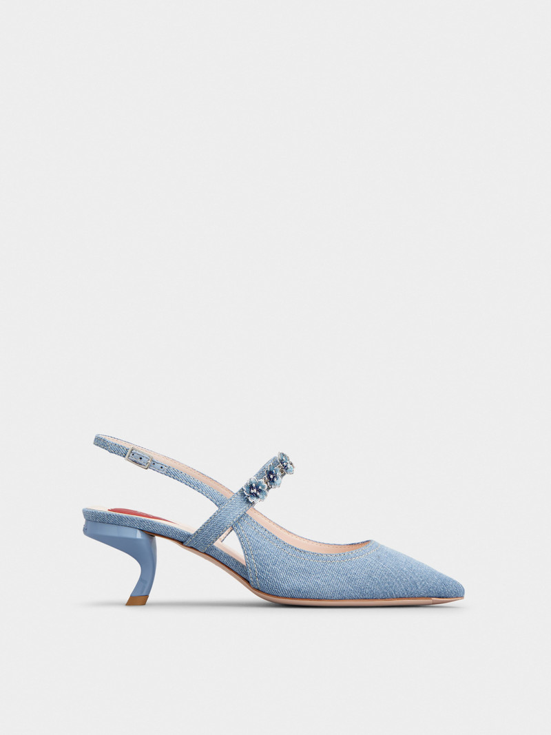 Virgule Flower Slingback Pumps in Denim 1