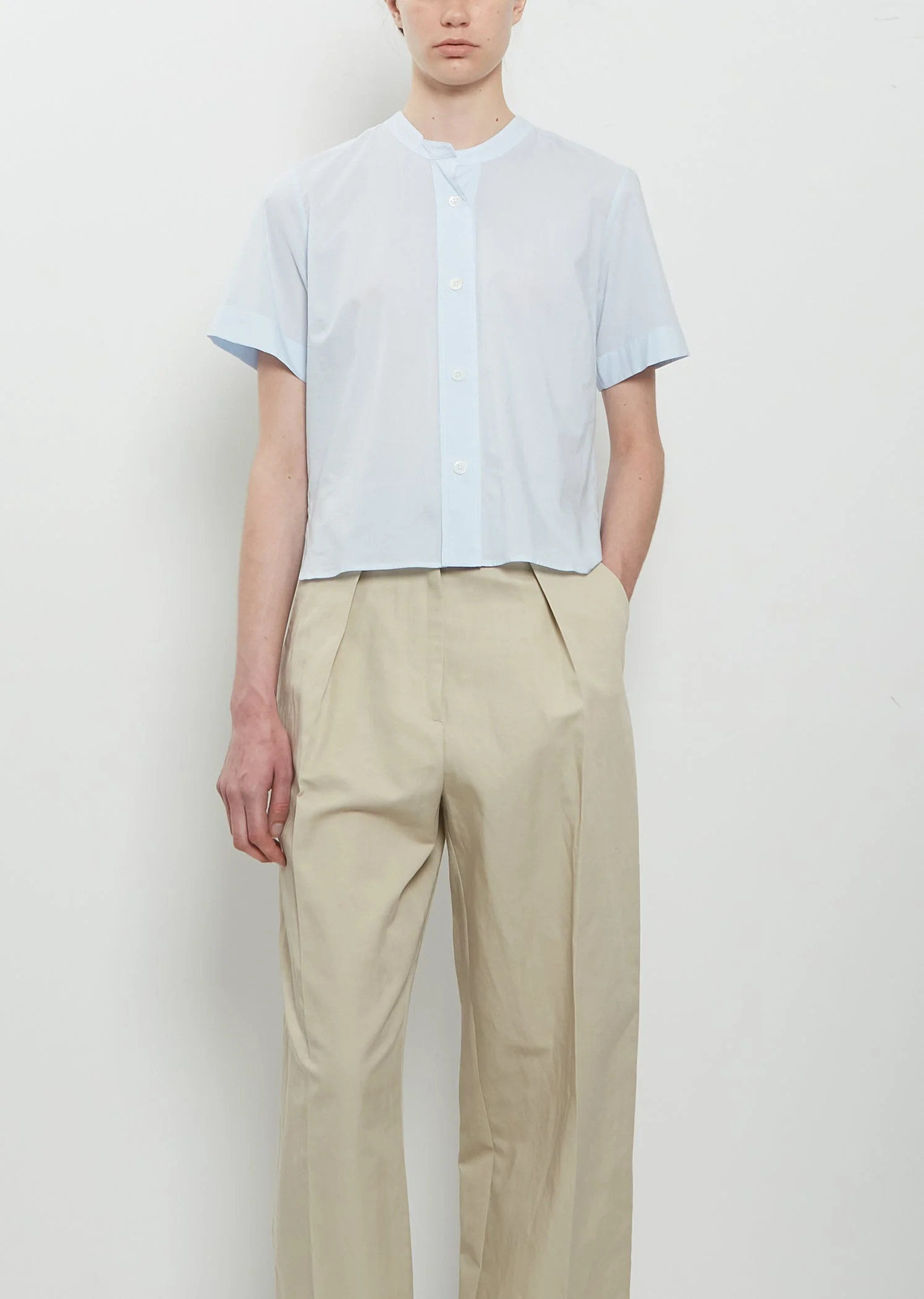 Short Sleeve Collarless Cotton Shirt - 1