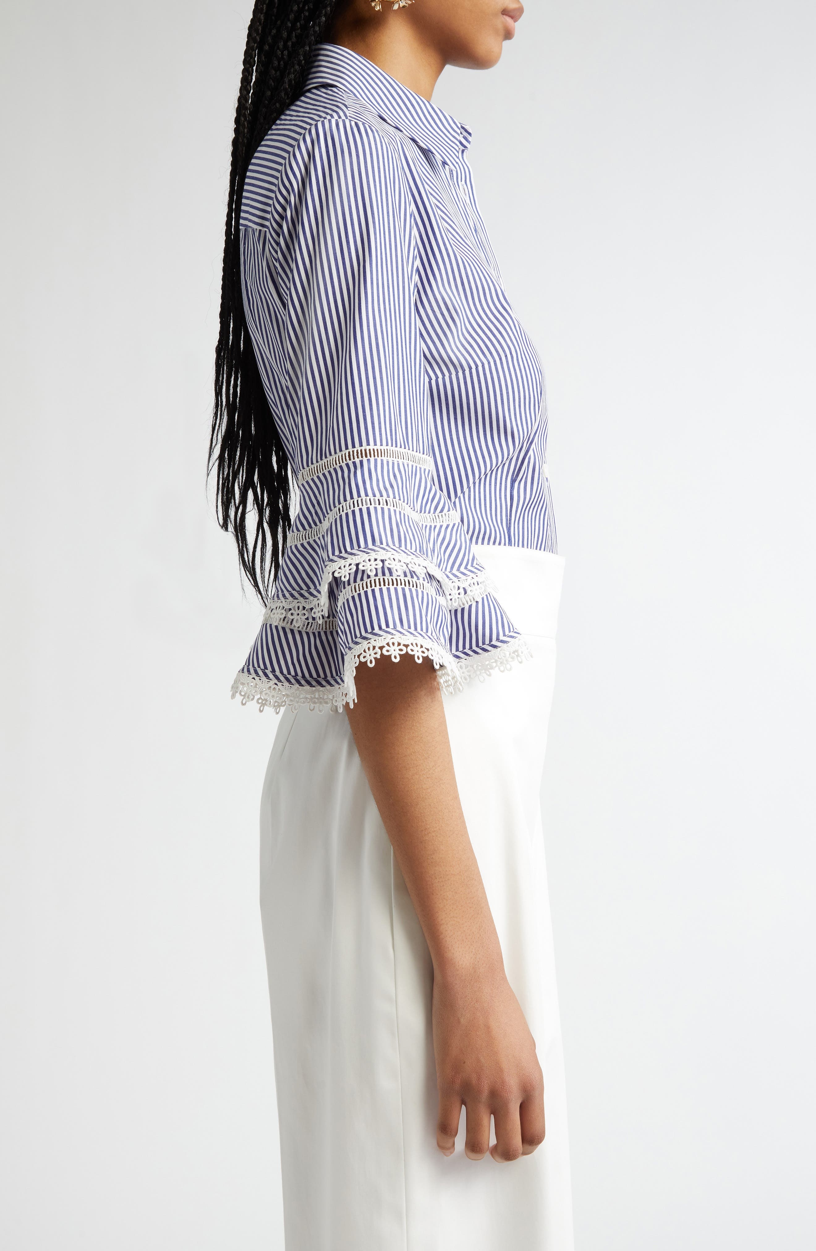 Carolina Herrera Stripe Tiered Ruffle Sleeve Belted Poplin Shirtdress in White/Blue at Nordstrom - 4