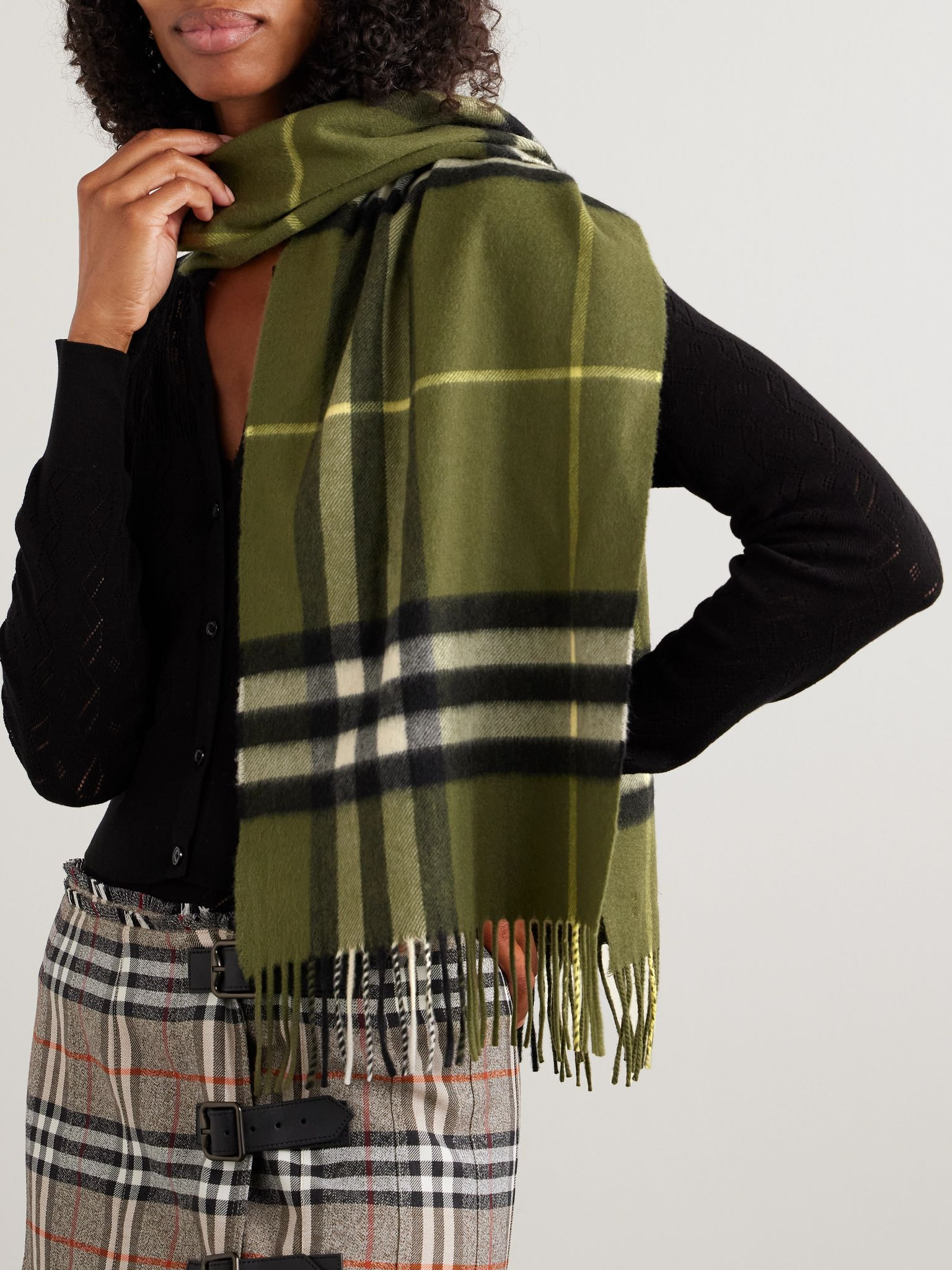 Fringed checked cashmere scarf Forest green - 2
