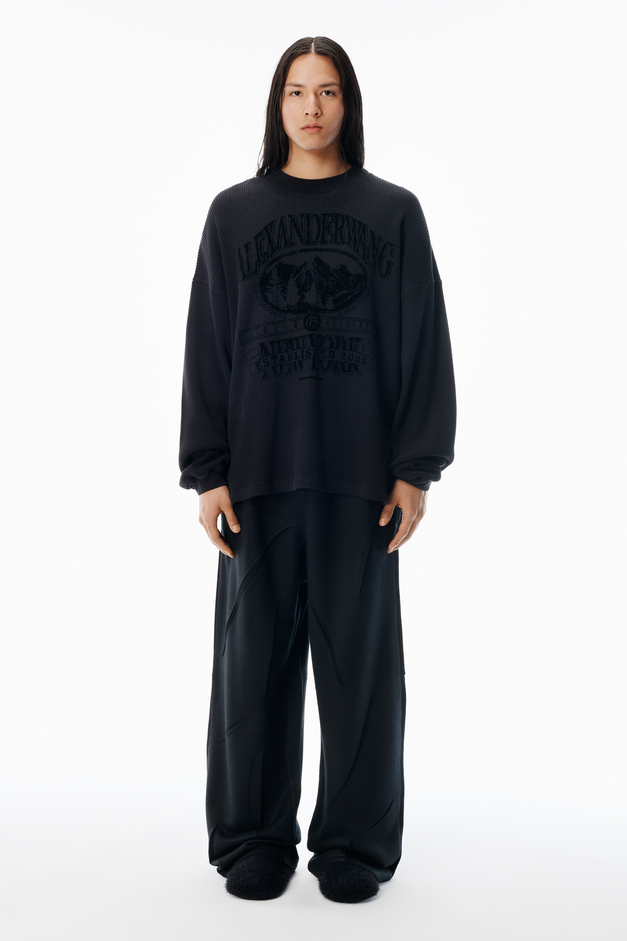 Washed Black Waffle Jersey Long Sleeve Tee - 5