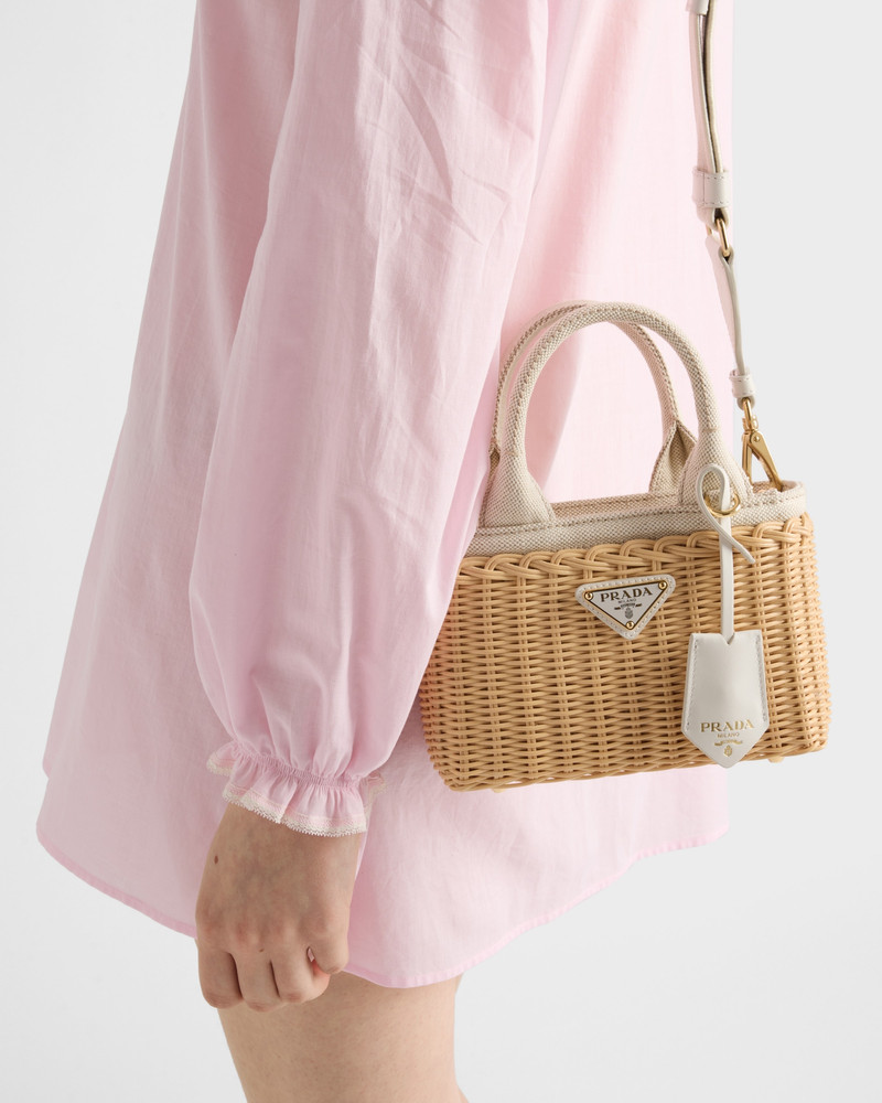 Mini wicker and linen blend tote bag 8