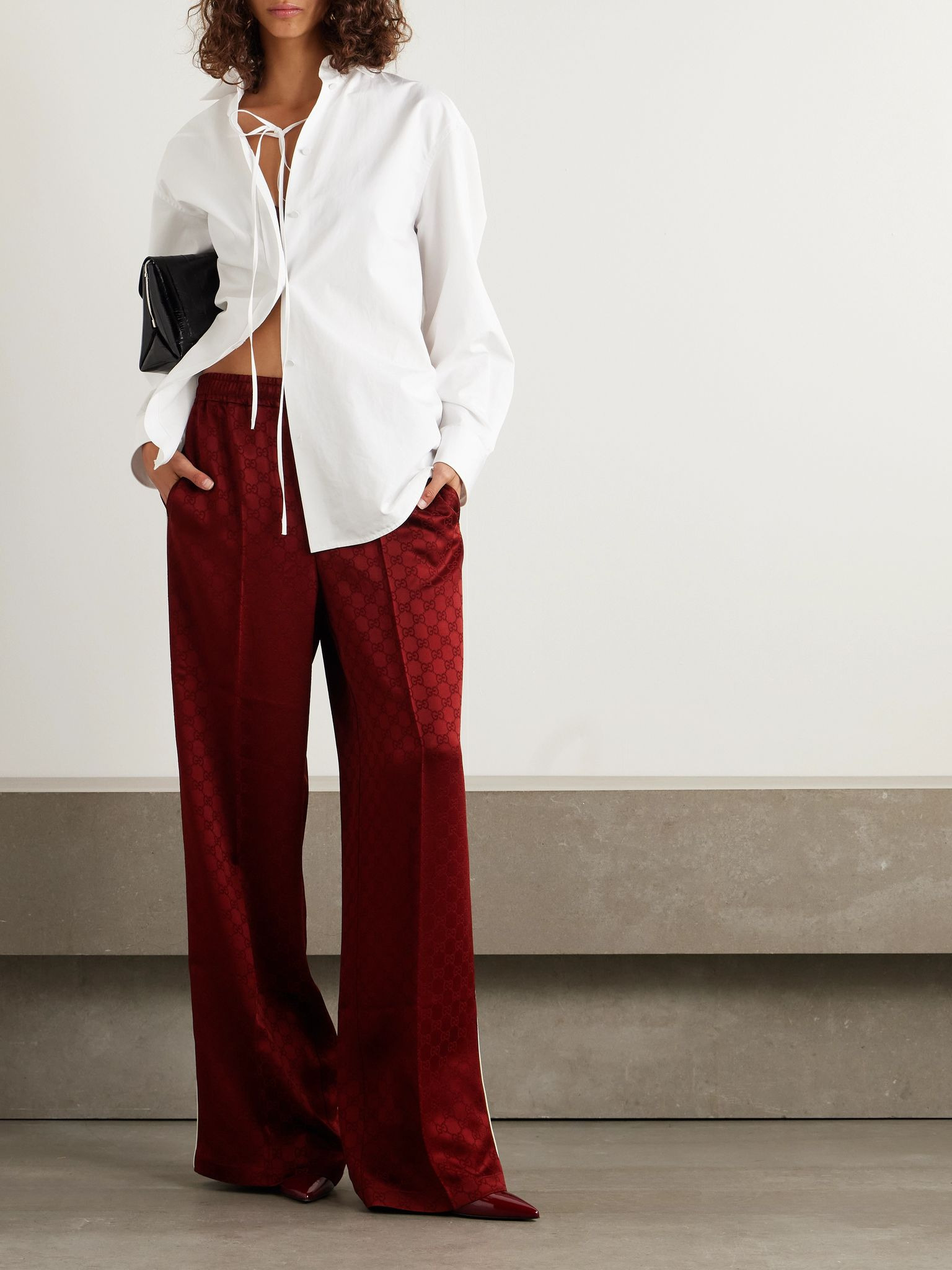 Satin-jacquard straight-leg pants Burgundy - 2