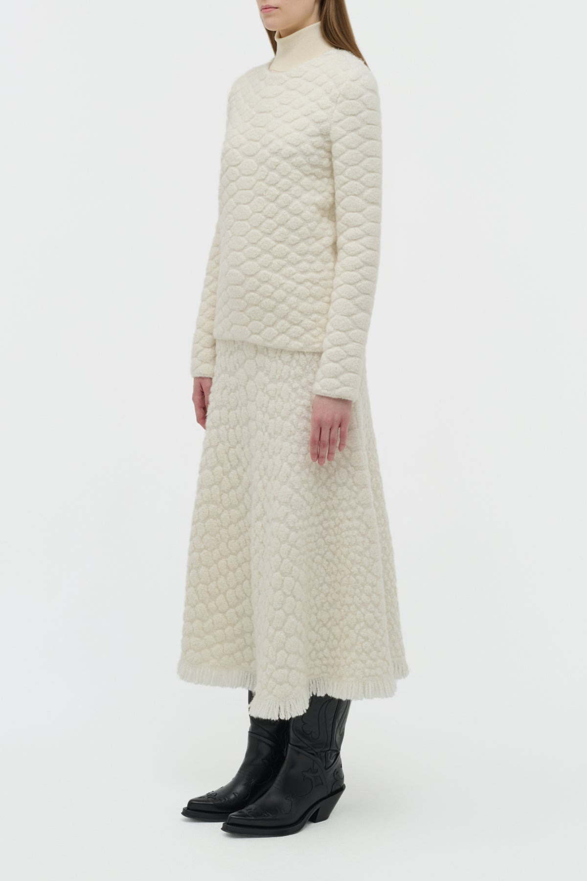 Kanta Fringe Knit Midi Skirt in Ivory Cashmere - 3