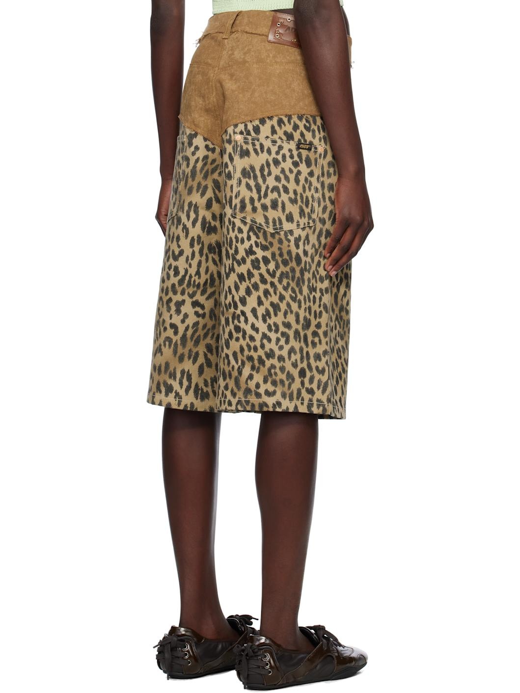 Beige & Brown Oxford Combo Leopard Shorts - 3