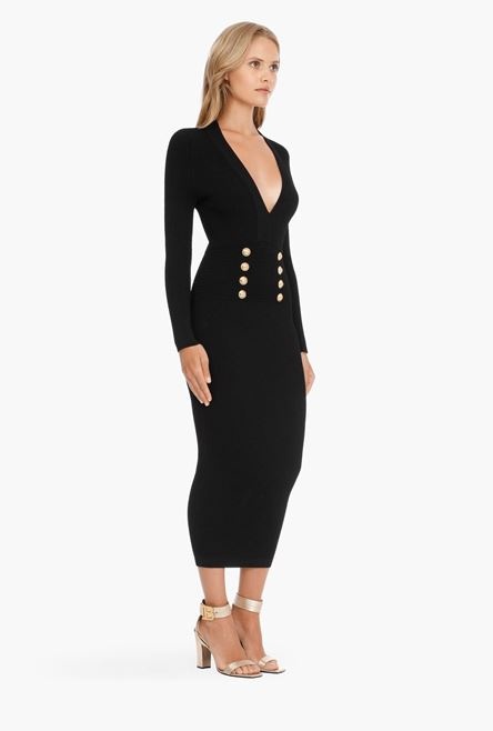 Long black knit dress with double-buttoned fastening - 7