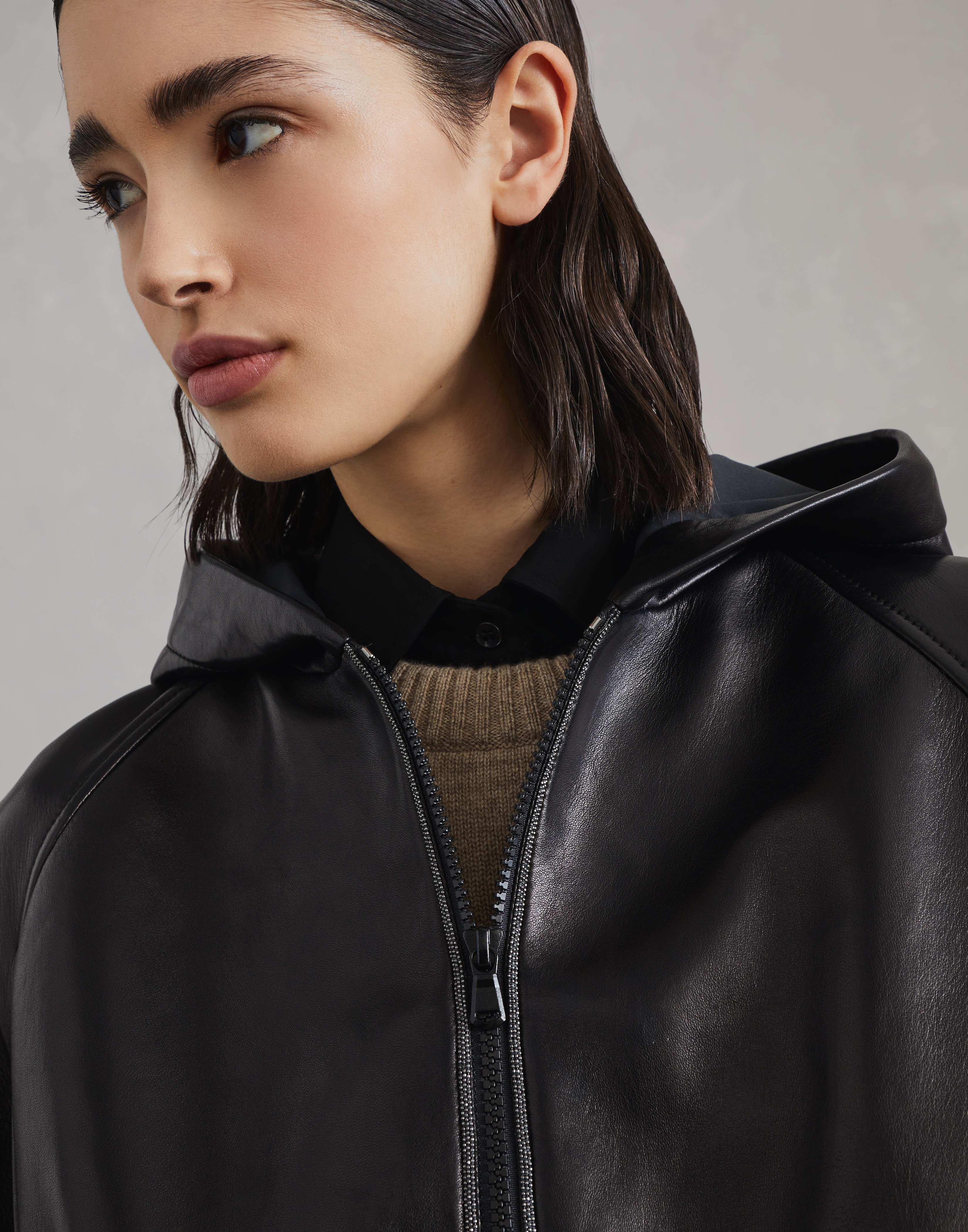 Nappa leather hooded outerwear jacket with shiny trims - 3