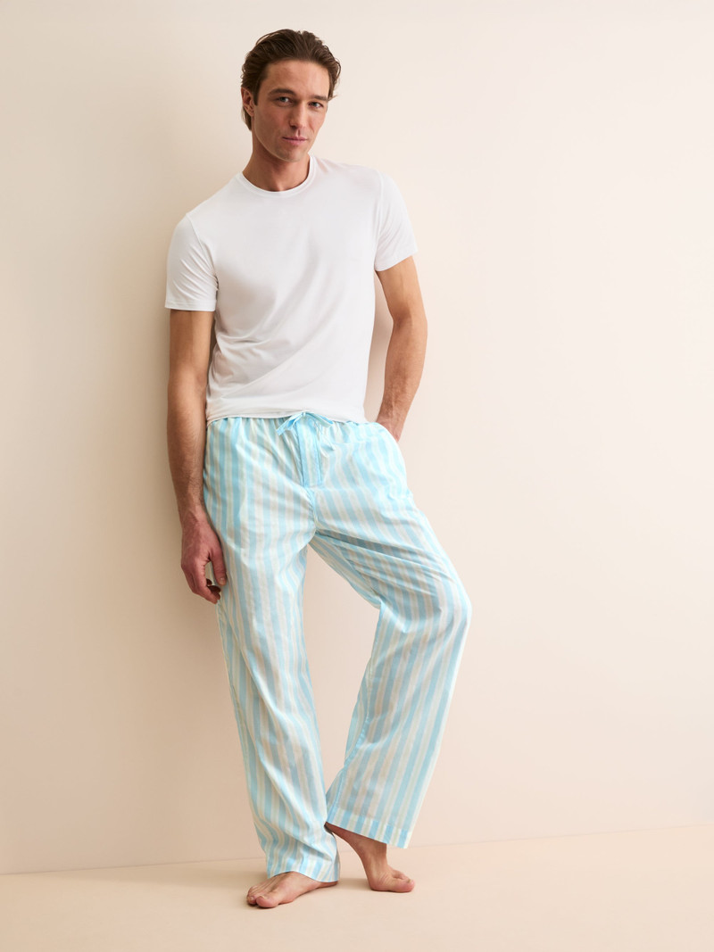 Men's Lounge Pants Amalfi Cotton Batiste Aqua Blue Stripe 1