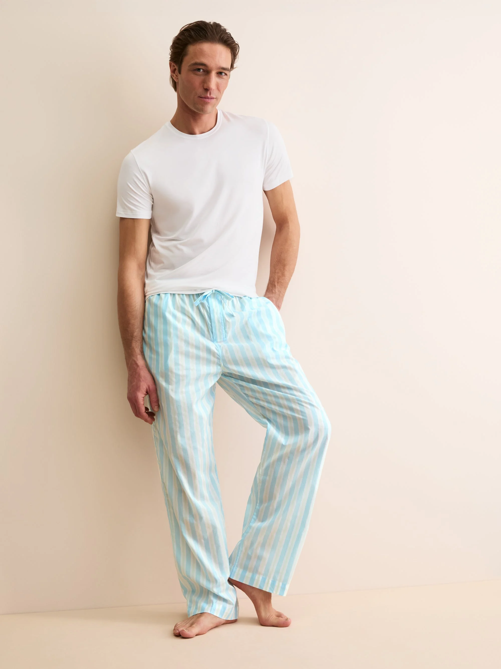 Men's Lounge Pants Amalfi Cotton Batiste Aqua Blue Stripe - 1